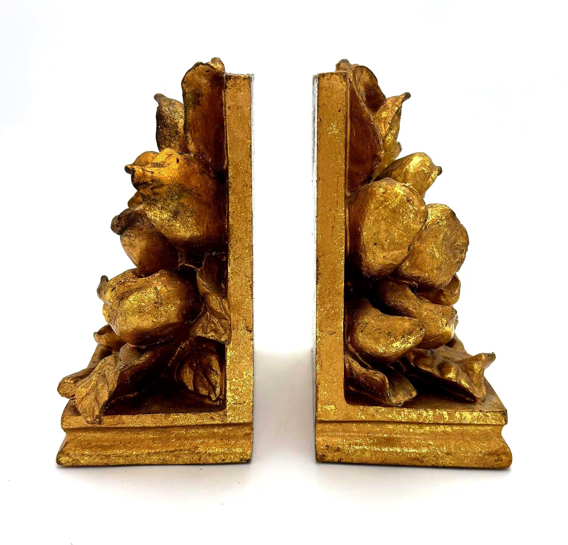 Vintage Florentine Style Gilt Floral Bookends, Hollywood Regency Gold Leaf Flower Bookends, Italian Style Shelf Decor, Mid Century 1960s