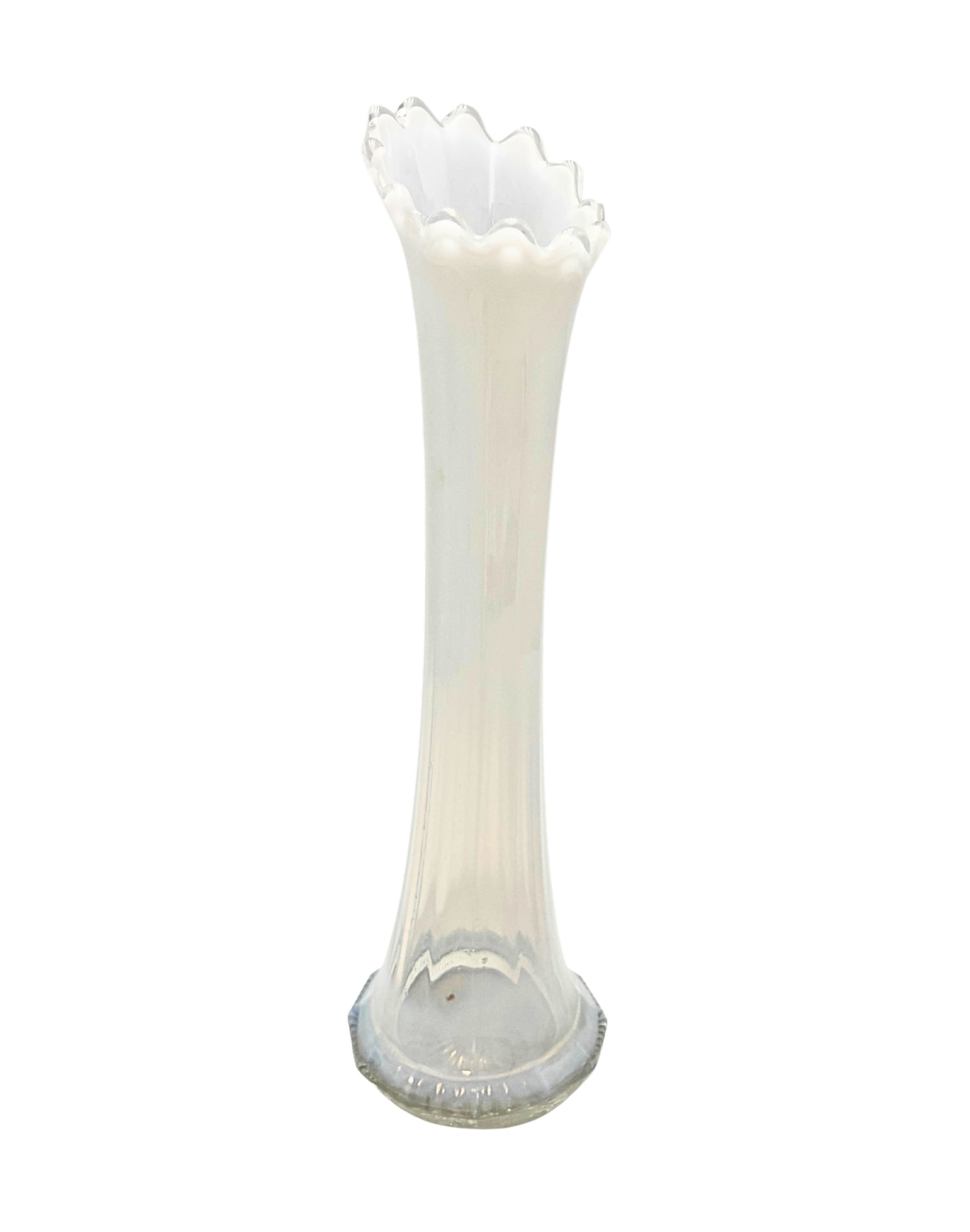 VINTAGE FOSTORIA HEIRLOOM WHITE OPALESCENT STRETCH GLASS VASE, 13”