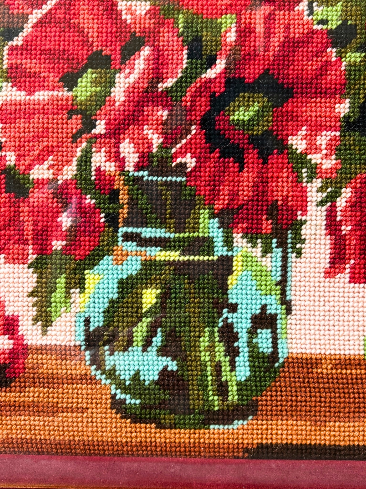VINTAGE FRAMED NEEDLEPOINT POPPY STILL LIFE WALL ART