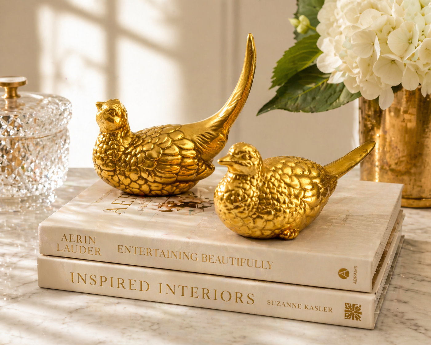 VINTAGE GOLD BIRD FIGURINES PAIR, HOLLYWOOD REGENCY CERAMIC GOLD QUAIL DECOR, MID CENTURY GLAM SHELF ACCENT, PALM BEACH REGENCY HOME DECOR