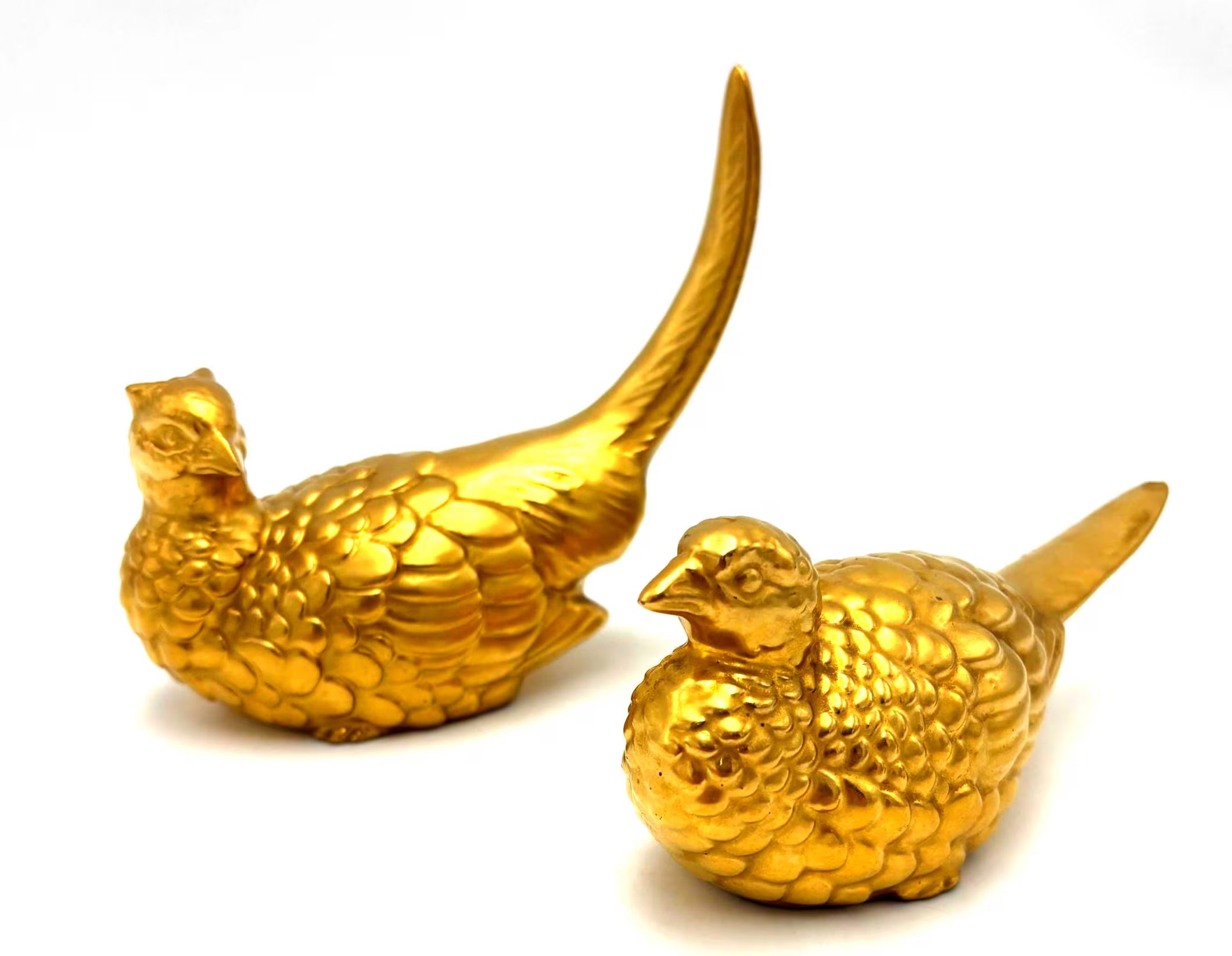 VINTAGE GOLD BIRD FIGURINES PAIR, HOLLYWOOD REGENCY CERAMIC GOLD QUAIL DECOR, MID CENTURY GLAM SHELF ACCENT, PALM BEACH REGENCY HOME DECOR