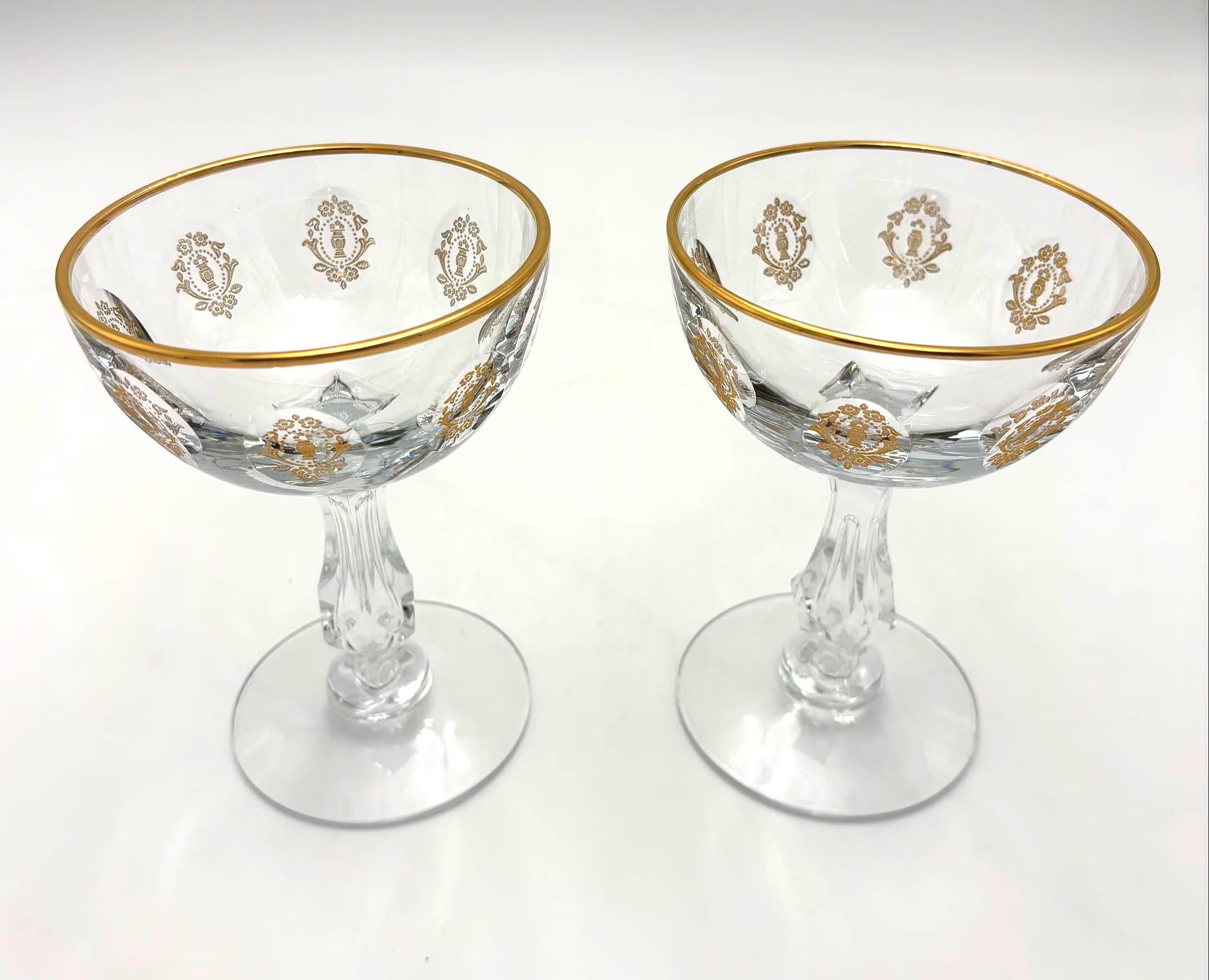 Vintage Franciscan Masterpiece Crystal Palais Versailles Gold Champagne Coupe Glasses Set of 2, Gold Rim Gilt Cocktail Glasses