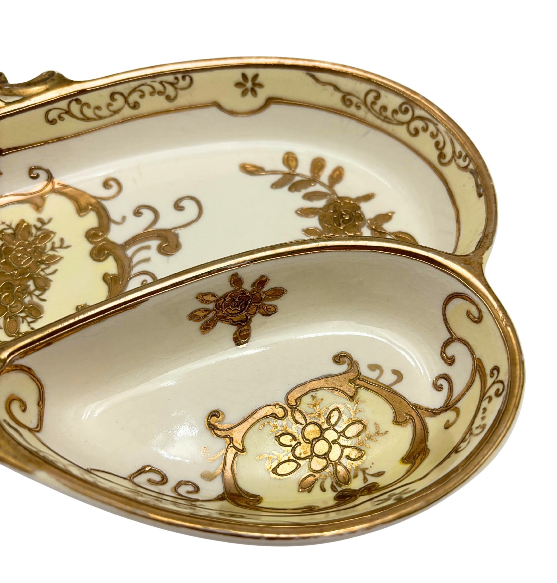 VINTAGE HAND PAINTED JAPAN GOLD PORCELAIN DIVIDED RELISH TRAY, 1920S–1930S ART NOUVEAU MORIAGE SERVING DISH