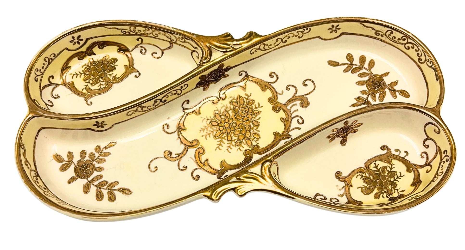 VINTAGE HAND PAINTED JAPAN GOLD PORCELAIN DIVIDED RELISH TRAY, 1920S–1930S ART NOUVEAU MORIAGE SERVING DISH