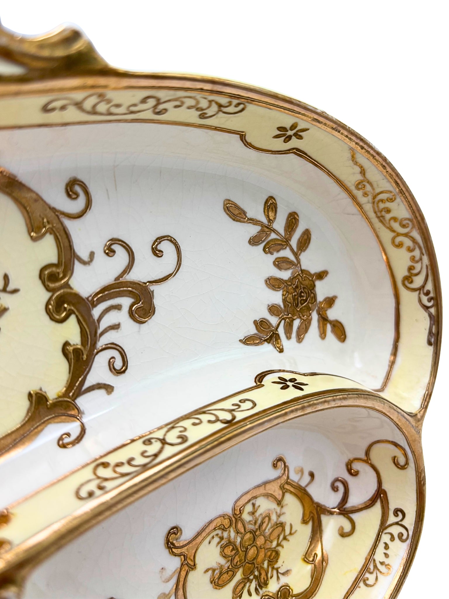 VINTAGE HAND PAINTED JAPAN GOLD PORCELAIN DIVIDED RELISH TRAY, 1920S–1930S ART NOUVEAU MORIAGE SERVING DISH