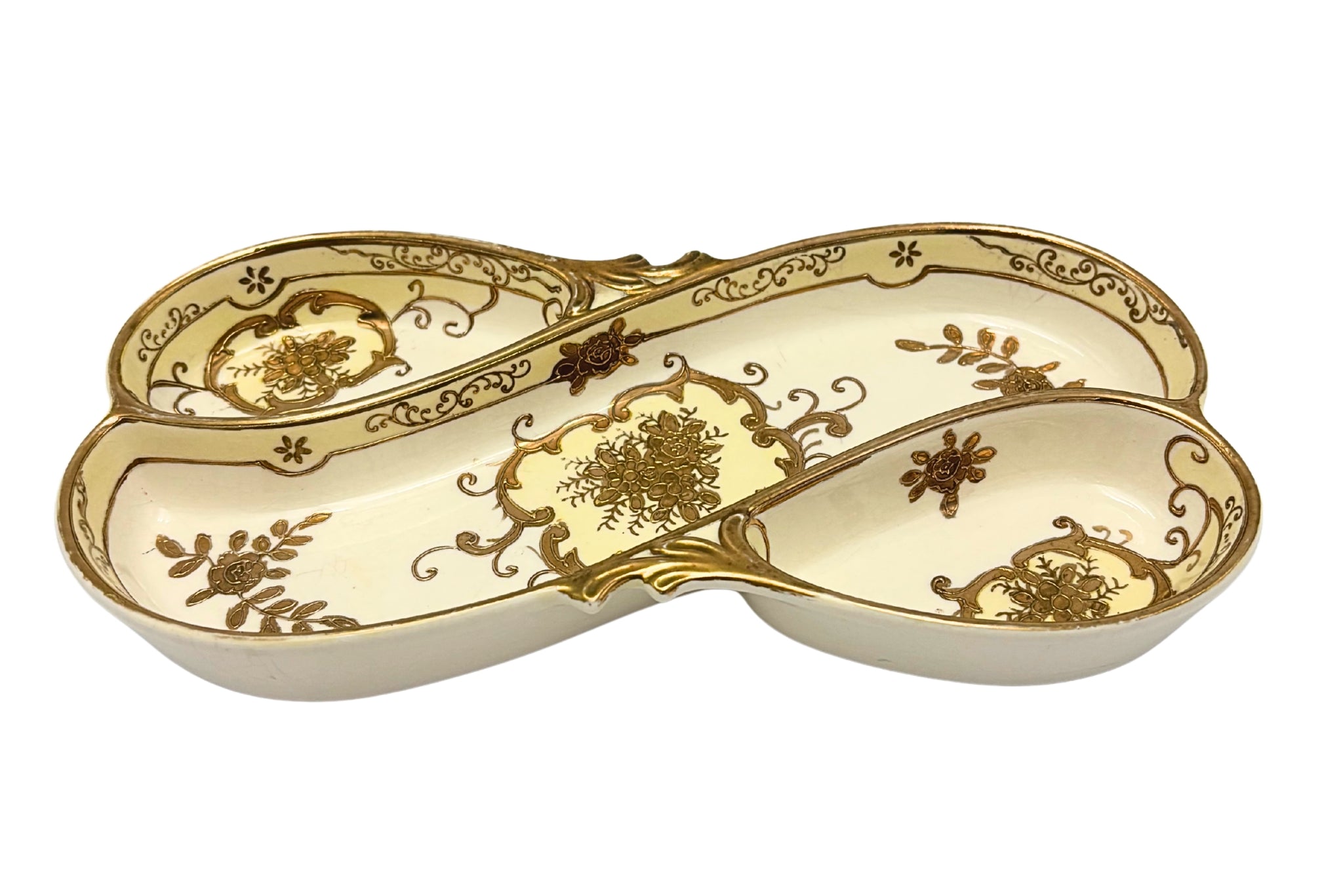 VINTAGE HAND PAINTED JAPAN GOLD PORCELAIN DIVIDED RELISH TRAY, 1920S–1930S ART NOUVEAU MORIAGE SERVING DISH