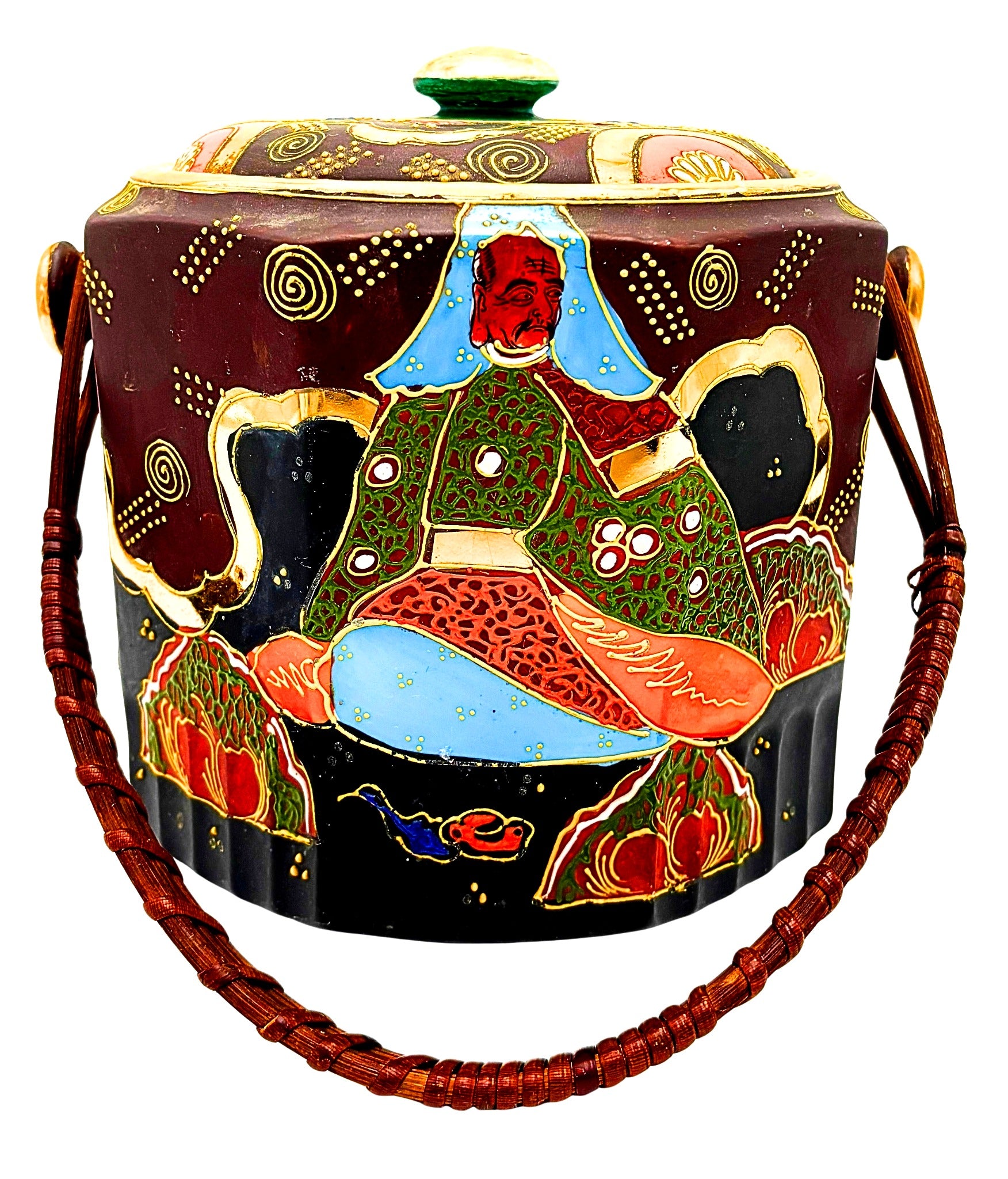 VINTAGE JAPANESE HAND-PAINTED SATSUMA STYLE COVERED VESSEL WITH SWING HANDLE