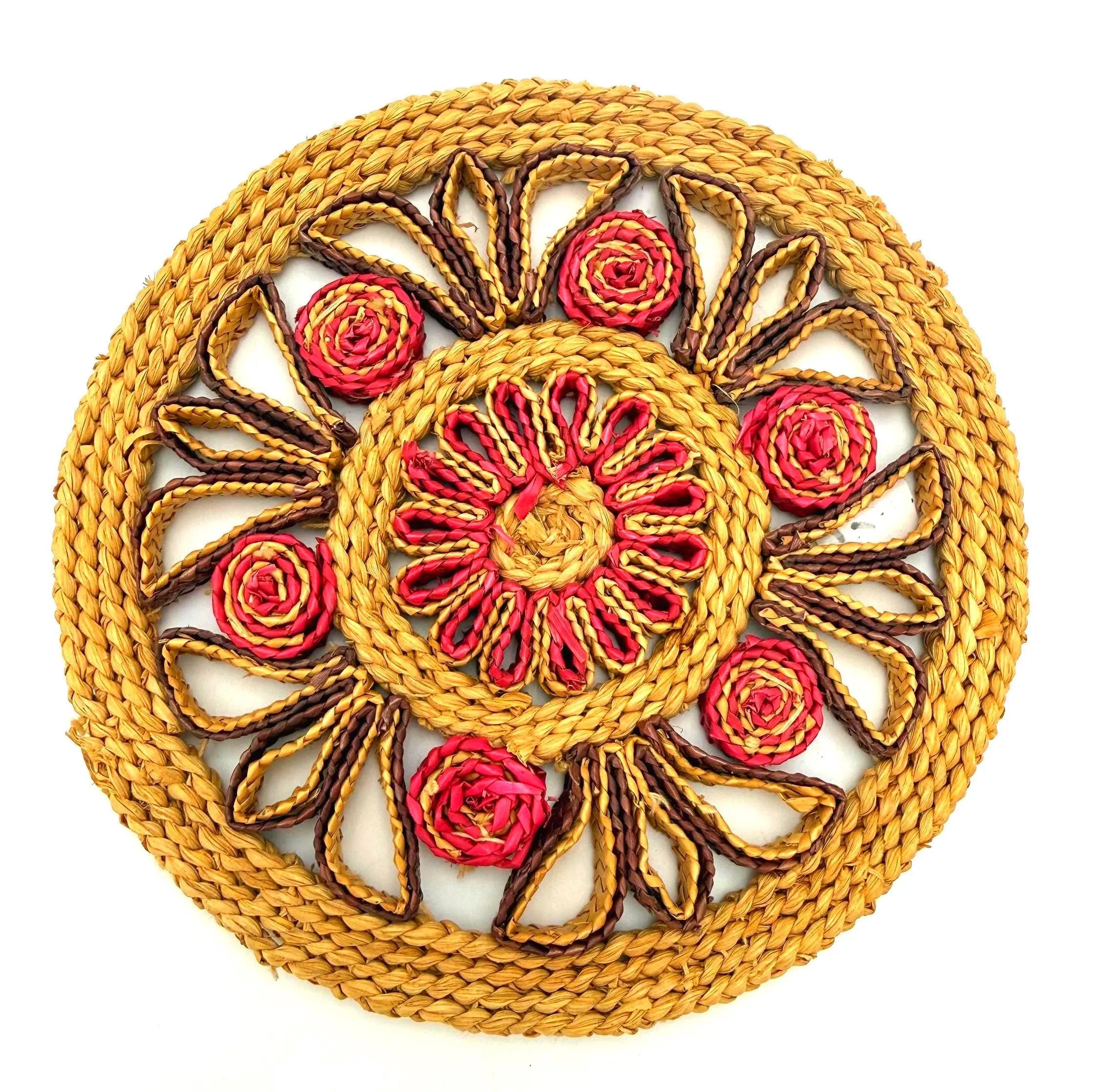 VINTAGE HANDWOVEN RAFFIA WALL HANGING | FLORAL STRAW MEDALLION BOHO WALL ART (Copy)