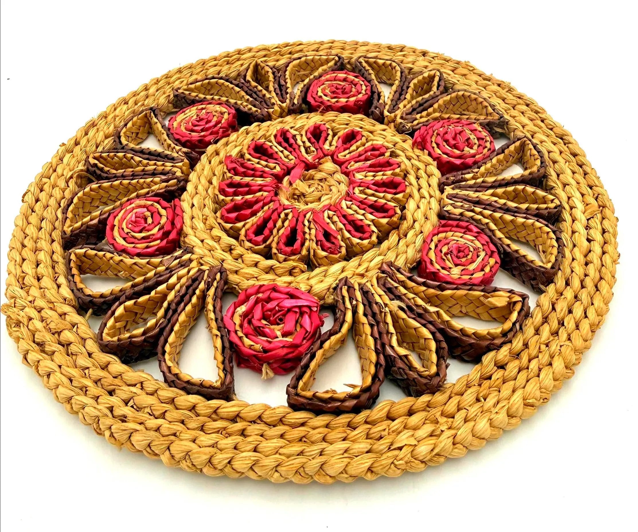 VINTAGE HANDWOVEN RAFFIA WALL HANGING | FLORAL STRAW MEDALLION BOHO WALL ART (Copy)