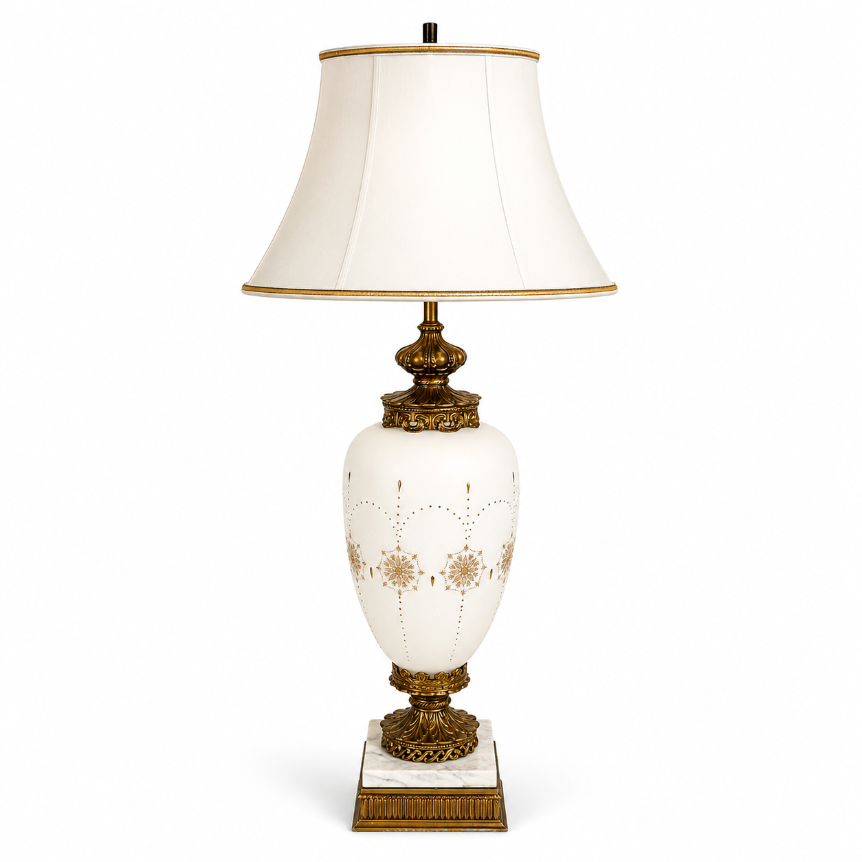 VINTAGE HOLLYWOOD REGENCY WHITE & GOLD LAMP; GOLD URN TABLE LAMP WITH MARBLE BASE