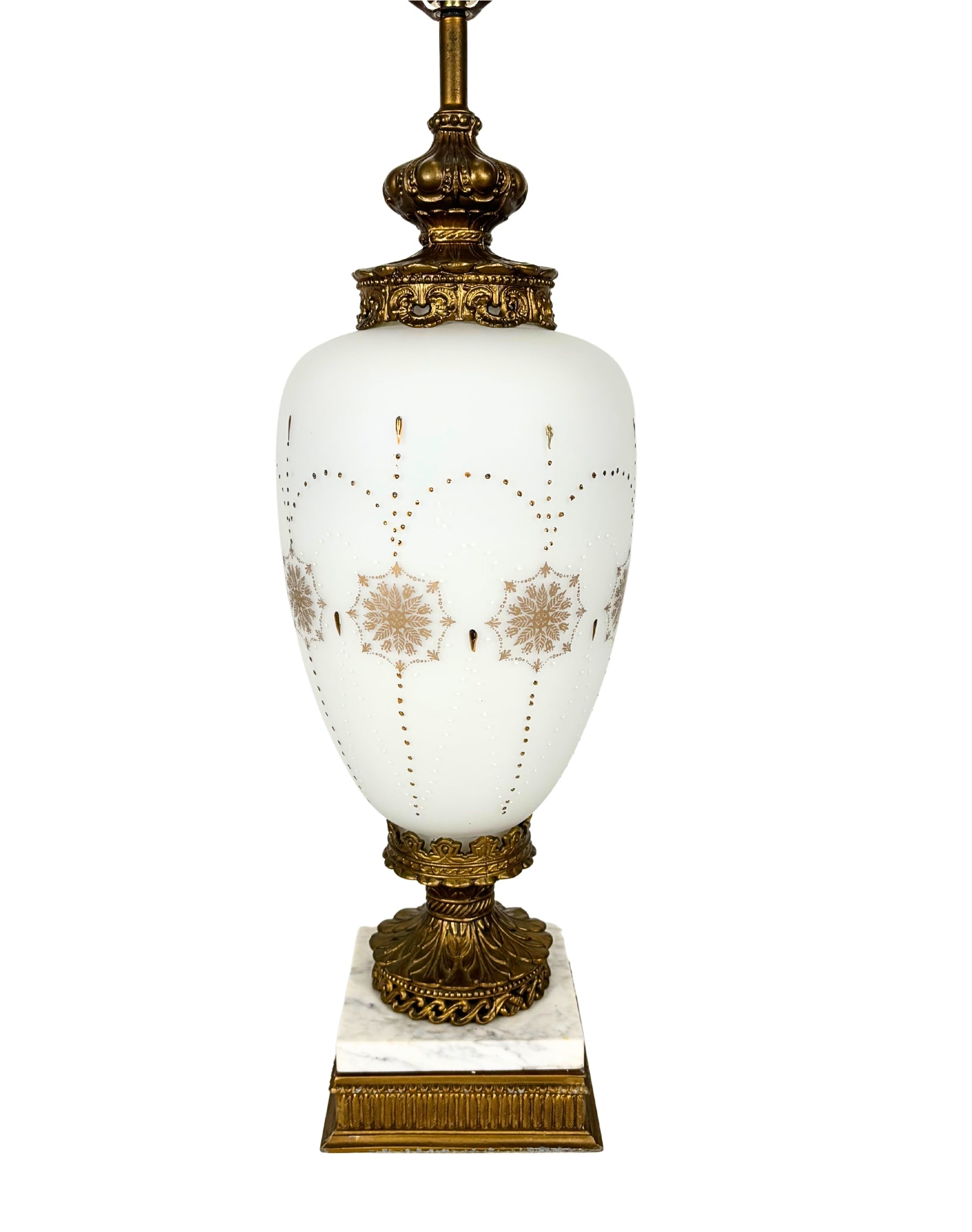 VINTAGE HOLLYWOOD REGENCY WHITE & GOLD LAMP; GOLD URN TABLE LAMP WITH MARBLE BASE