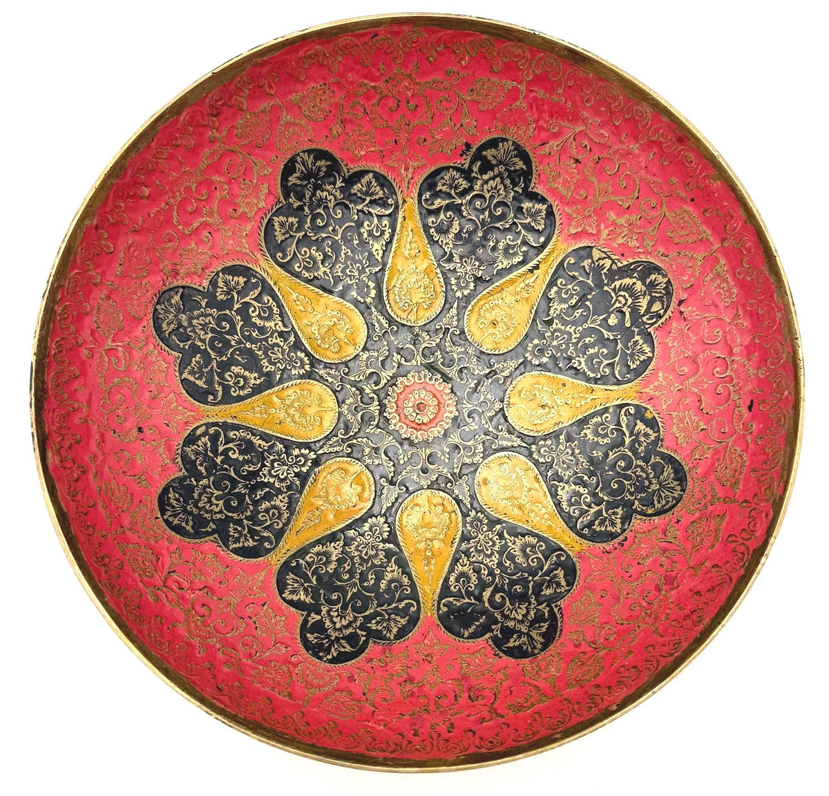 VINTAGE INDIAN BRASS ENAMEL DECORATIVE BOWL – KASHMIR FLORAL HAND-ETCHED CATCHALL