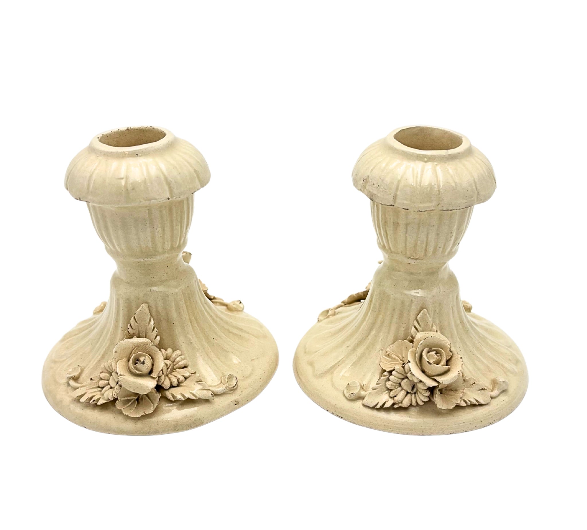 VINTAGE ITALIAN CREAM CERAMIC FLORAL CANDLESTICKS – PAIR