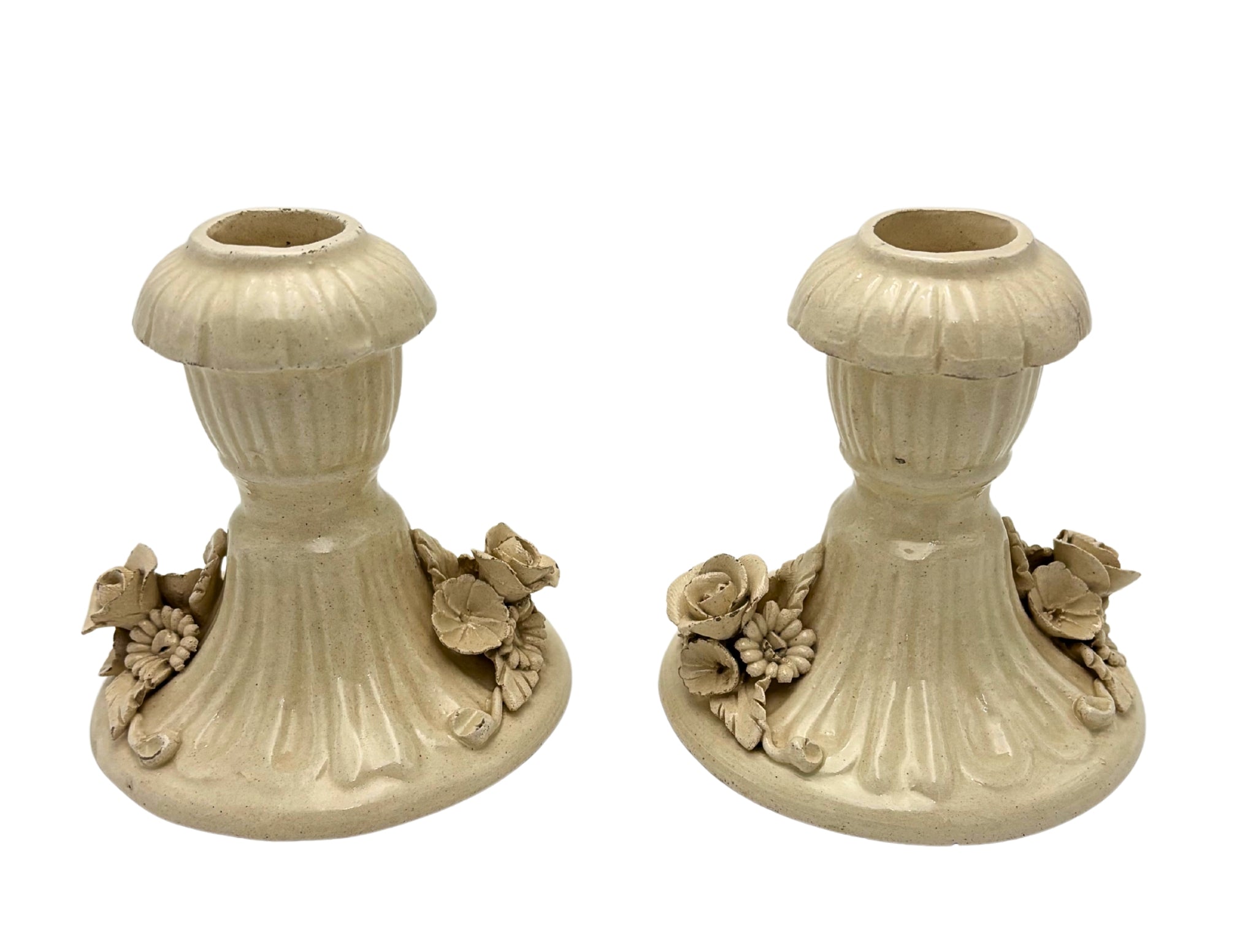 VINTAGE ITALIAN CREAM CERAMIC FLORAL CANDLESTICKS – PAIR