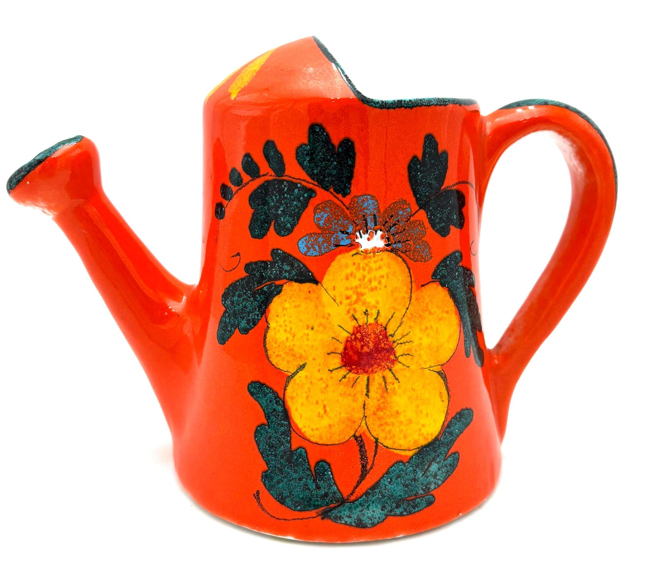 VINTAGE ITALIAN CERAMIC FLOWER FROG VASE – MID CENTURY ORANGE FLORAL ARRANGER, SCULPTURAL POTTERY WATERING CAN