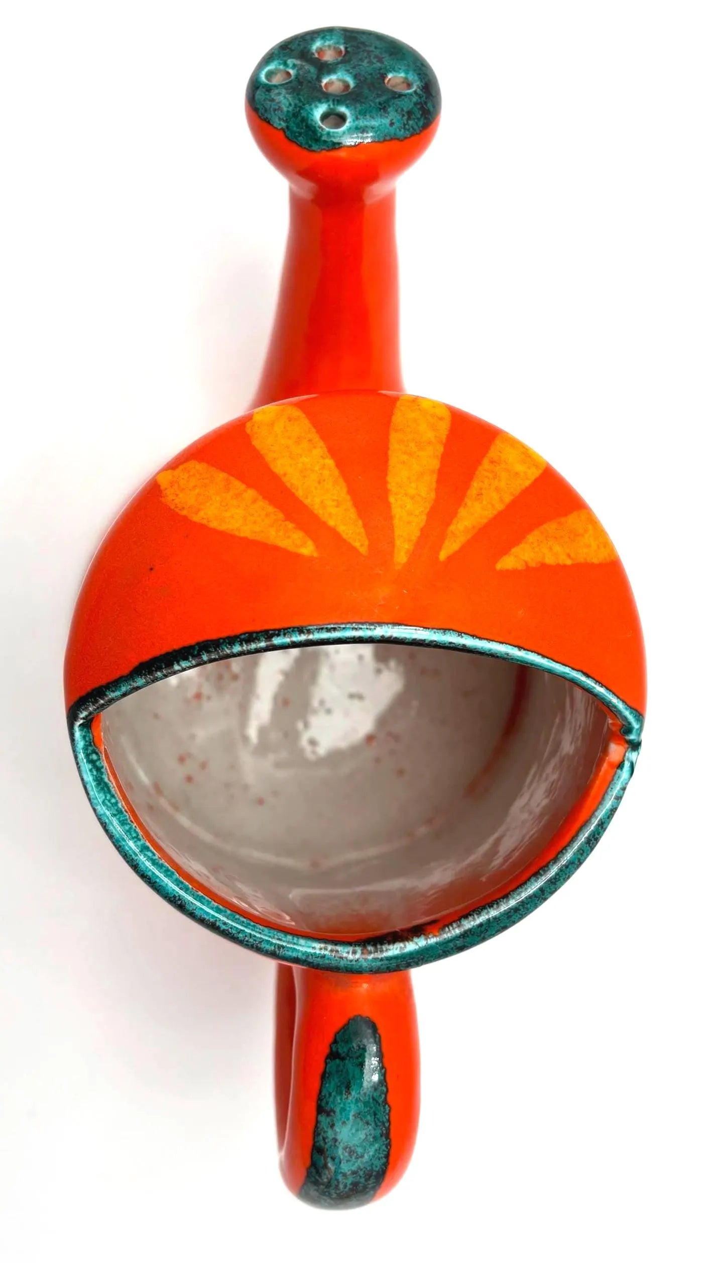 VINTAGE ITALIAN CERAMIC FLOWER FROG VASE – MID CENTURY ORANGE FLORAL ARRANGER, SCULPTURAL POTTERY WATERING CAN
