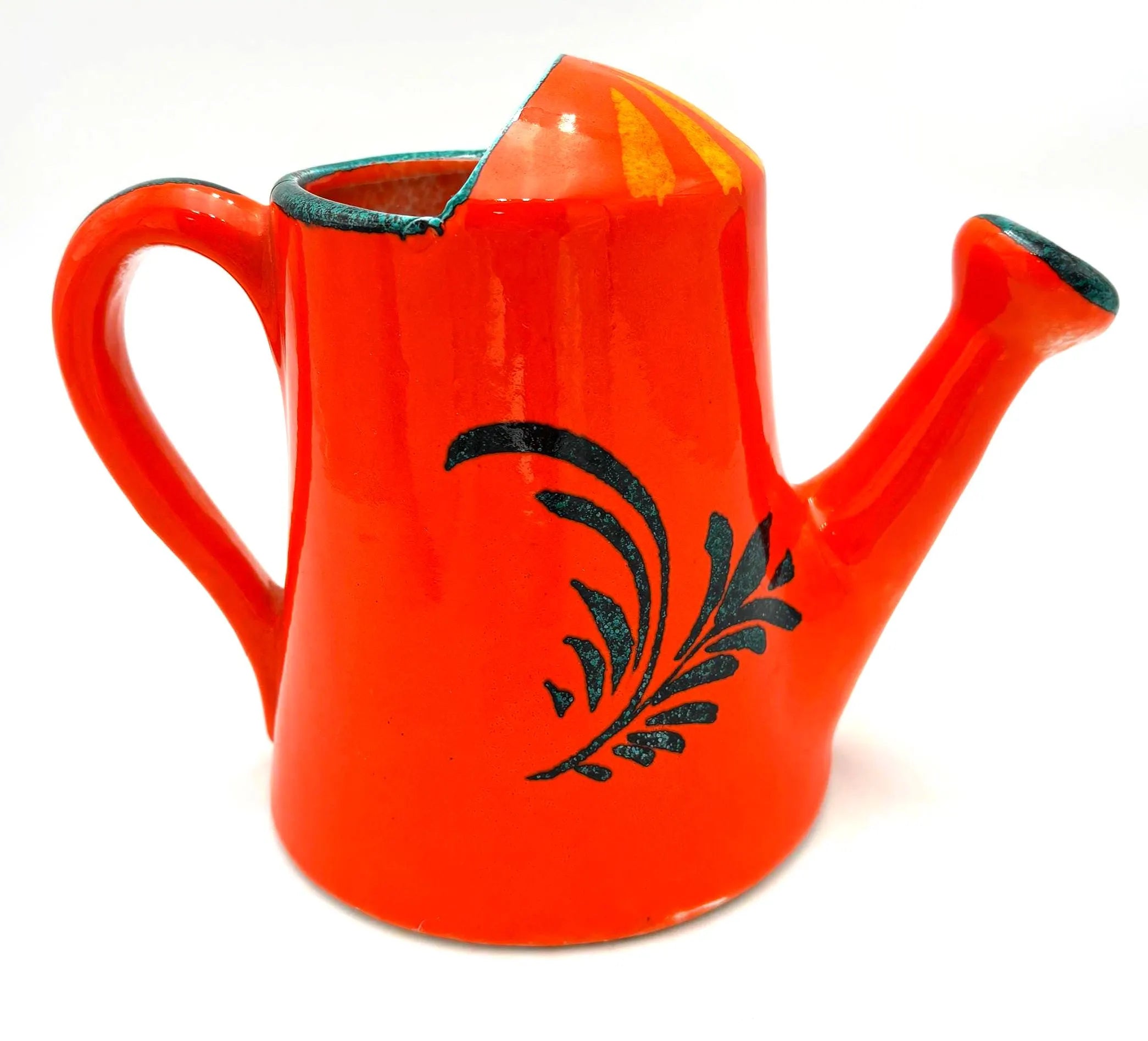 VINTAGE ITALIAN CERAMIC FLOWER FROG VASE – MID CENTURY ORANGE FLORAL ARRANGER, SCULPTURAL POTTERY WATERING CAN