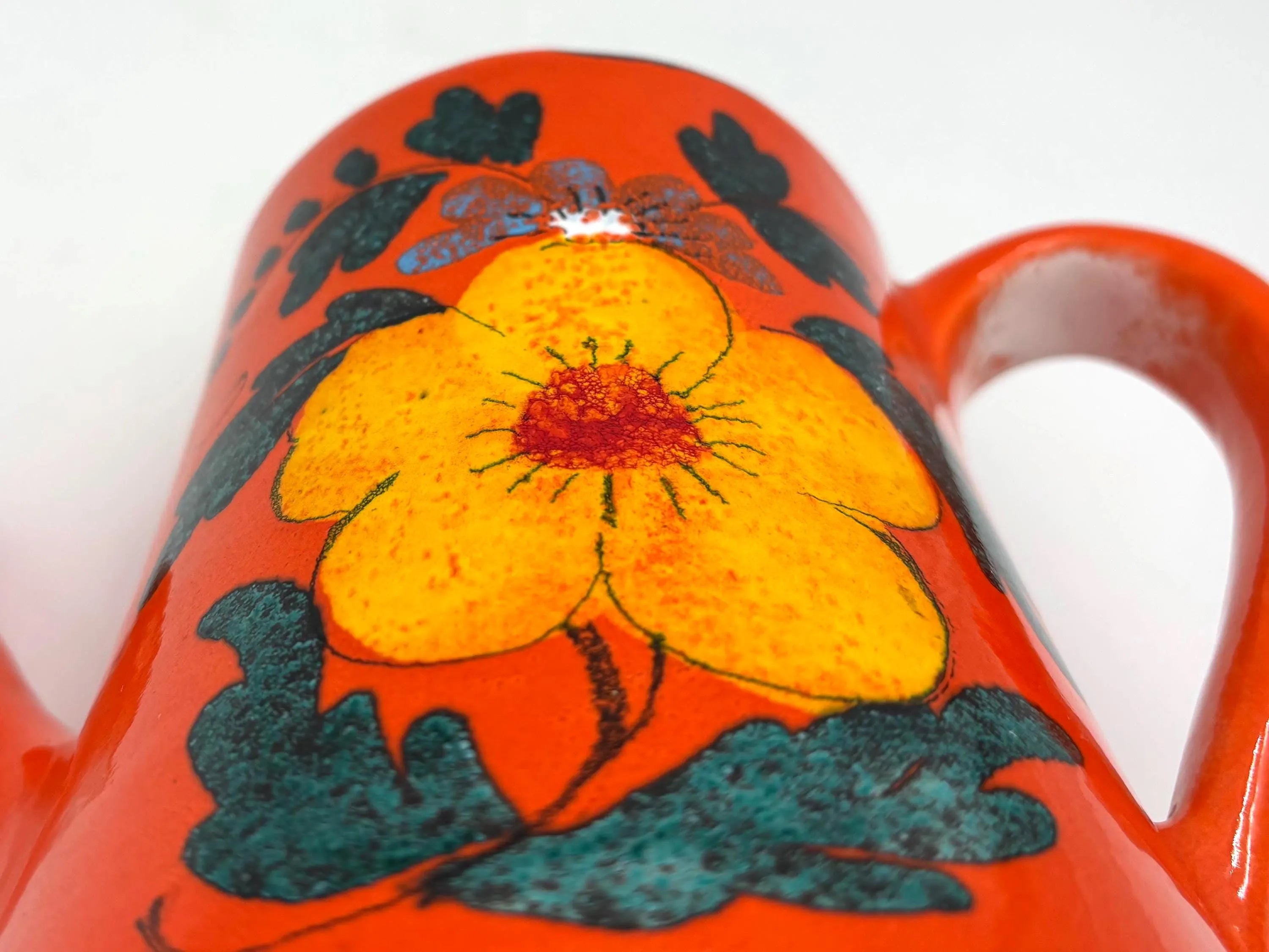 VINTAGE ITALIAN CERAMIC FLOWER FROG VASE – MID CENTURY ORANGE FLORAL ARRANGER, SCULPTURAL POTTERY WATERING CAN