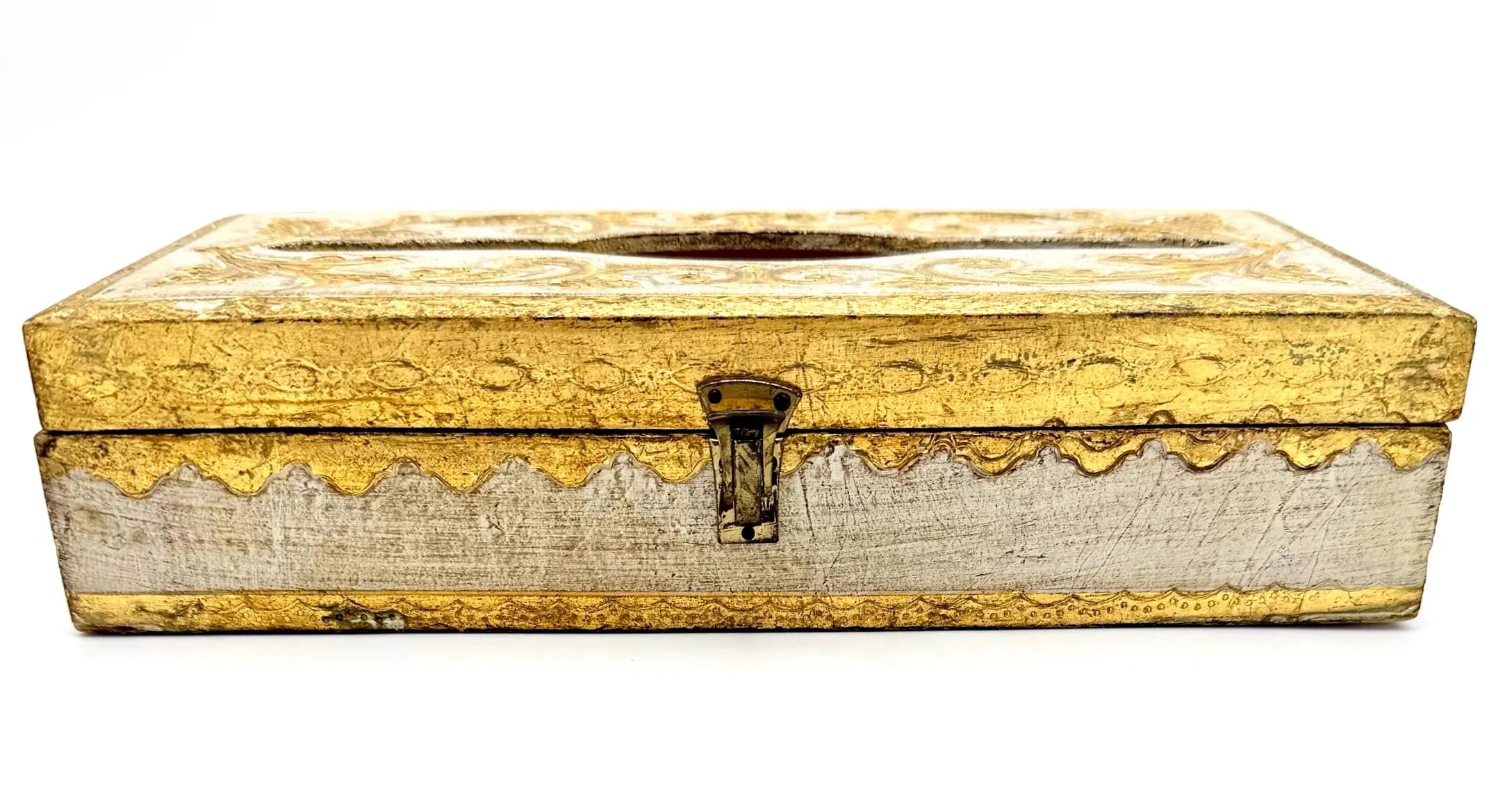 VINTAGE ITALIAN FLORENTINE TISSUE BOX COVER | HOLLYWOOD REGENCY GOLD & WHITE GILT VANITY BOX