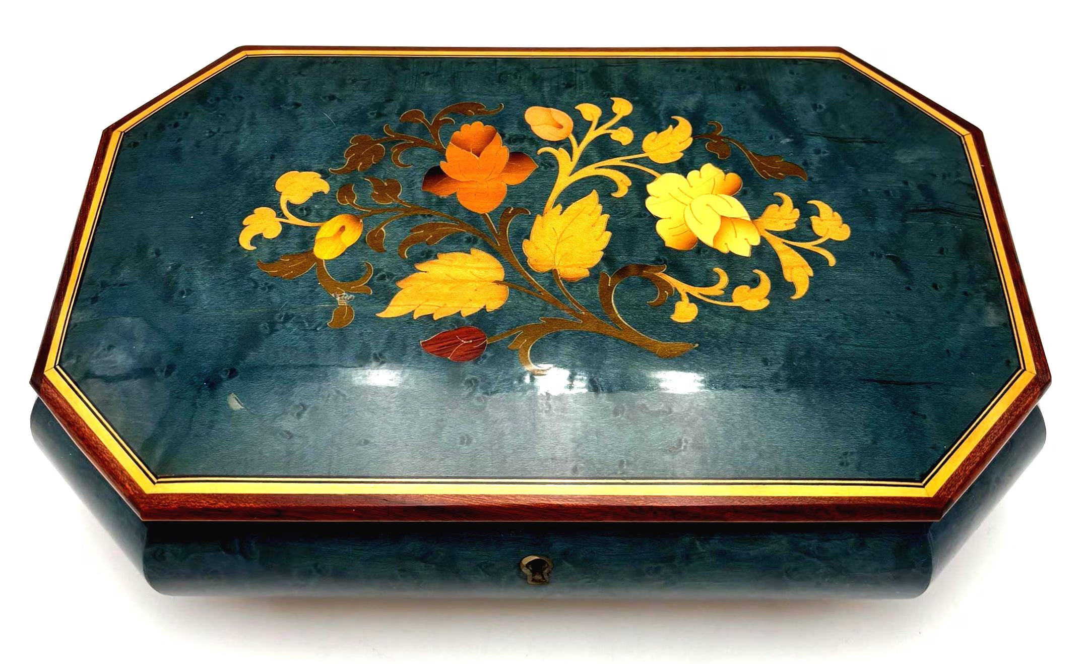 VINTAGE ITALIAN MARQUETRY JEWELRY BOX | BLUE LACQUER FLORAL INLAY KEEPSAKE MUSIC BOX