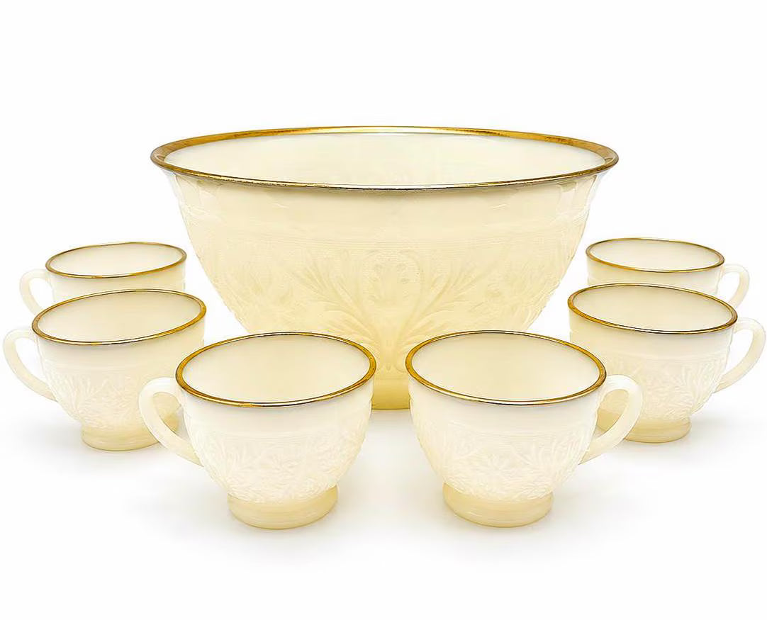 VINTAGE IVORY OPALESCENT MILK GLASS PUNCH BOWL SET WITH GOLD TRIM – HOLLYWOOD REGENCY ENTERTAINING SET – FLORAL PRESSED GLASS BOWL & 6 CUPS