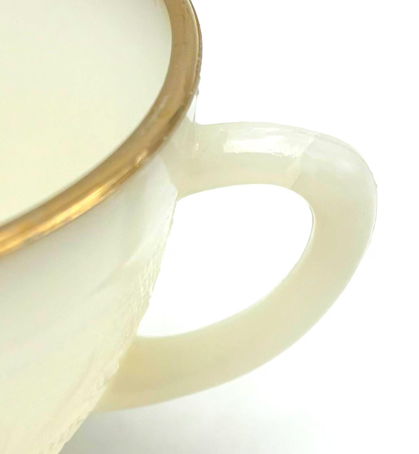 VINTAGE IVORY OPALESCENT MILK GLASS PUNCH BOWL SET WITH GOLD TRIM – HOLLYWOOD REGENCY ENTERTAINING SET – FLORAL PRESSED GLASS BOWL & 6 CUPS