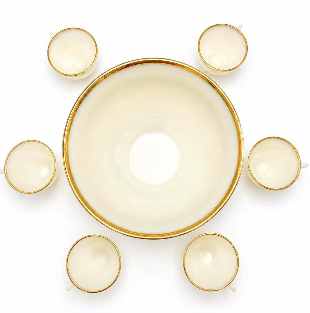 VINTAGE IVORY OPALESCENT MILK GLASS PUNCH BOWL SET WITH GOLD TRIM – HOLLYWOOD REGENCY ENTERTAINING SET – FLORAL PRESSED GLASS BOWL & 6 CUPS