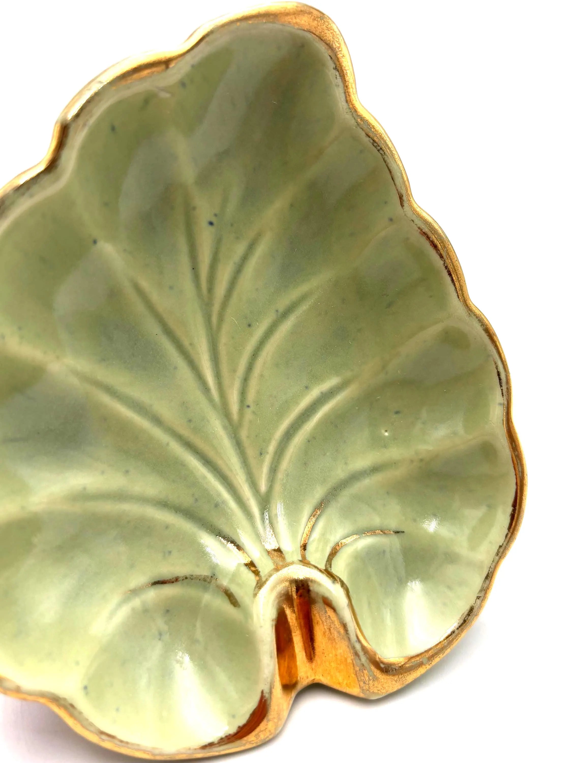 VINTAGE JAPANESE CELADON LEAF DISHES SET OF 2 | GOLD TRIM MID CENTURY CERAMIC TRINKET BOWLS