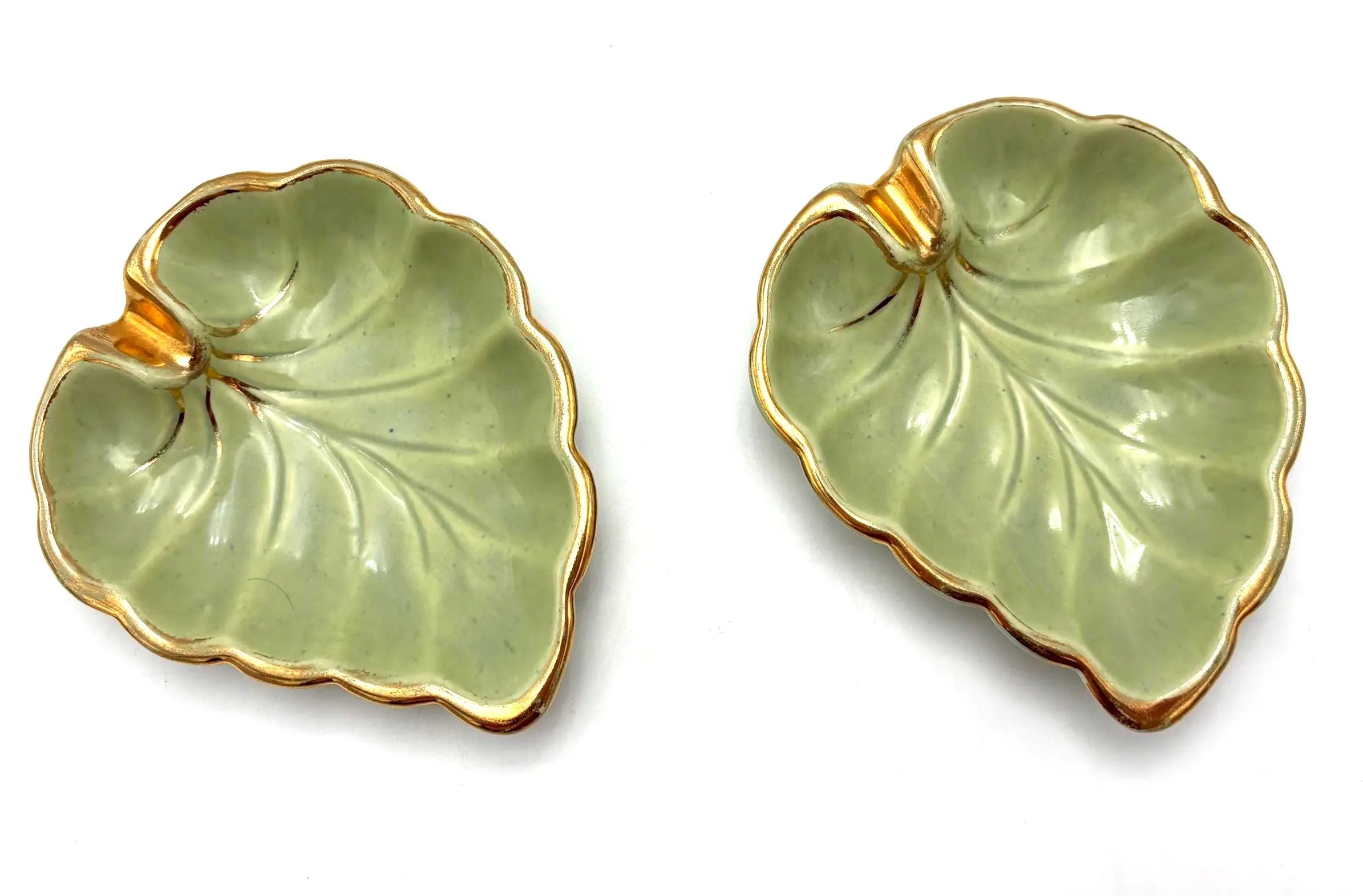VINTAGE JAPANESE CELADON LEAF DISHES SET OF 2 | GOLD TRIM MID CENTURY CERAMIC TRINKET BOWLS