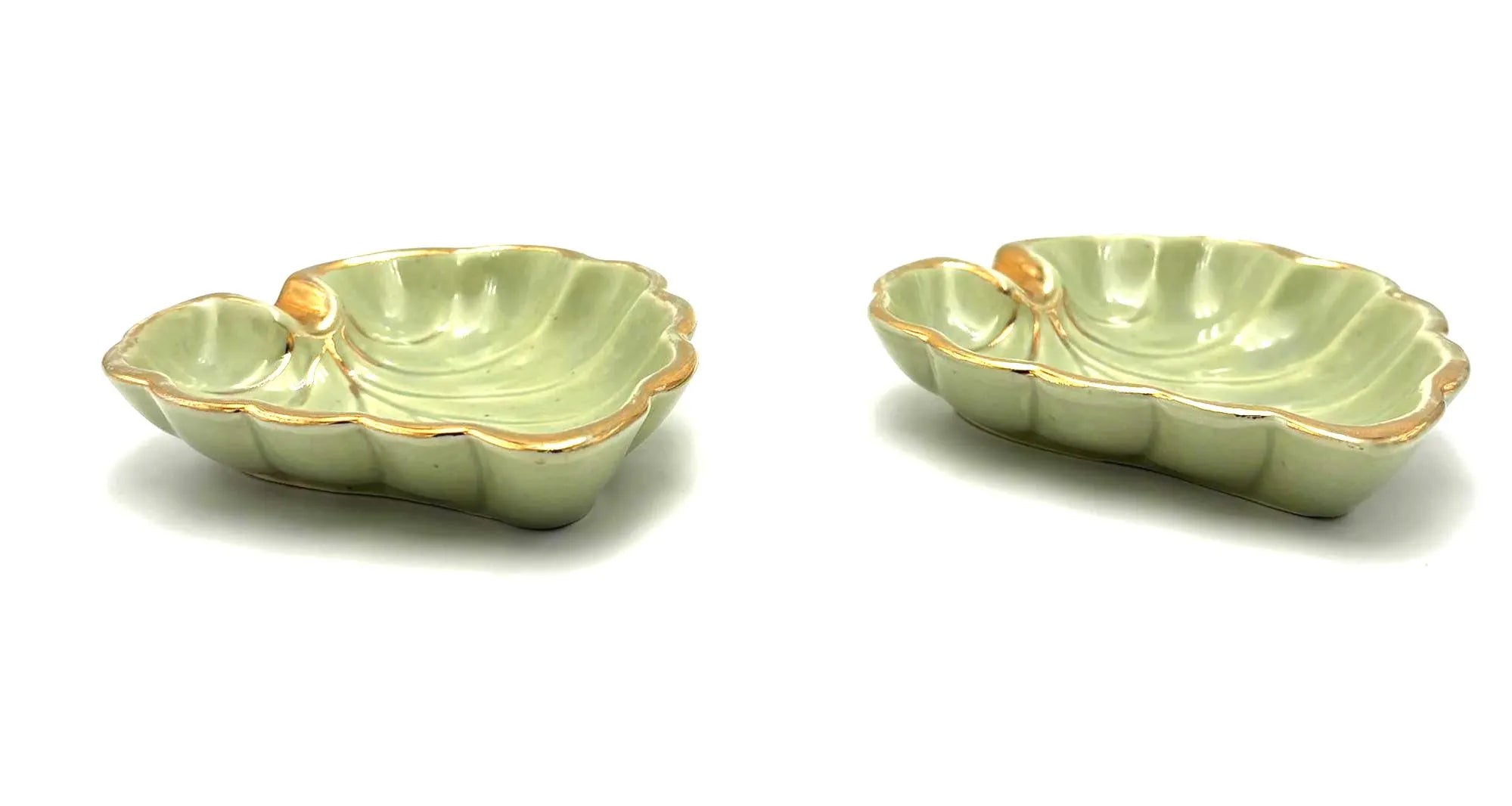 VINTAGE JAPANESE CELADON LEAF DISHES SET OF 2 | GOLD TRIM MID CENTURY CERAMIC TRINKET BOWLS