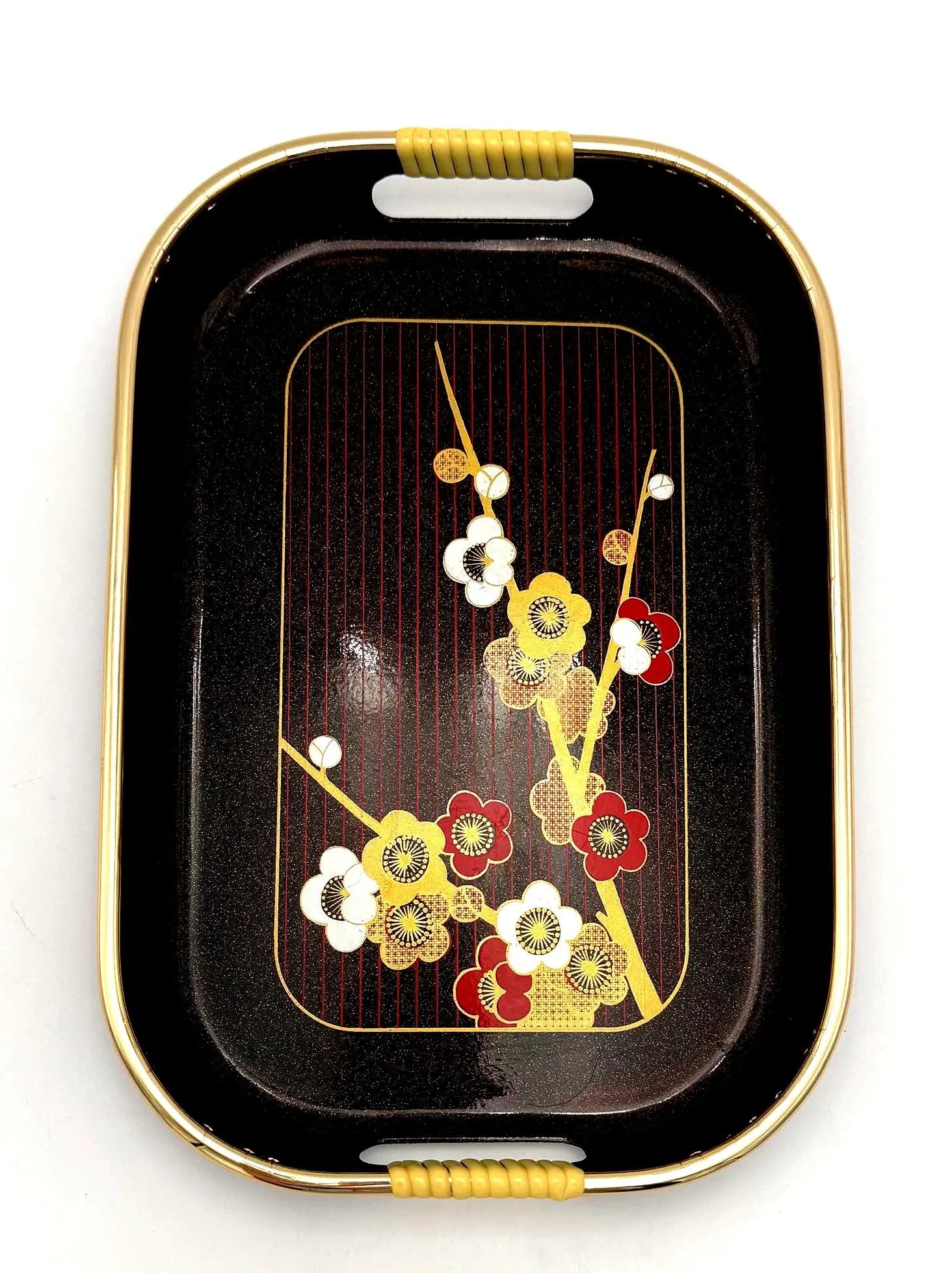 VINTAGE JAPANESE MELAMINE SERVING TRAY WITH GOLD GALLERY HANDLES & PLUM BLOSSOM DESIGN