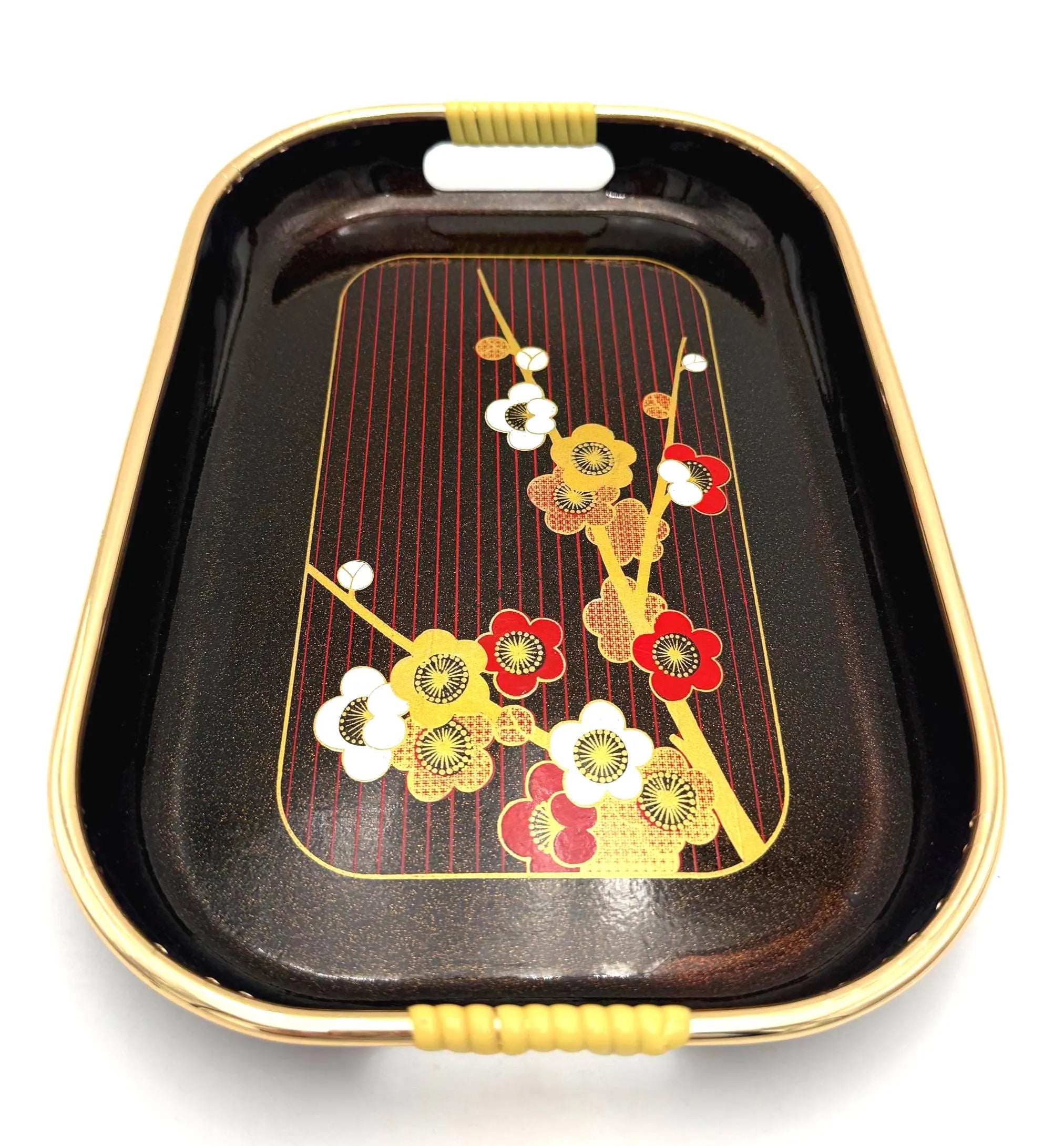 VINTAGE JAPANESE MELAMINE SERVING TRAY WITH GOLD GALLERY HANDLES & PLUM BLOSSOM DESIGN