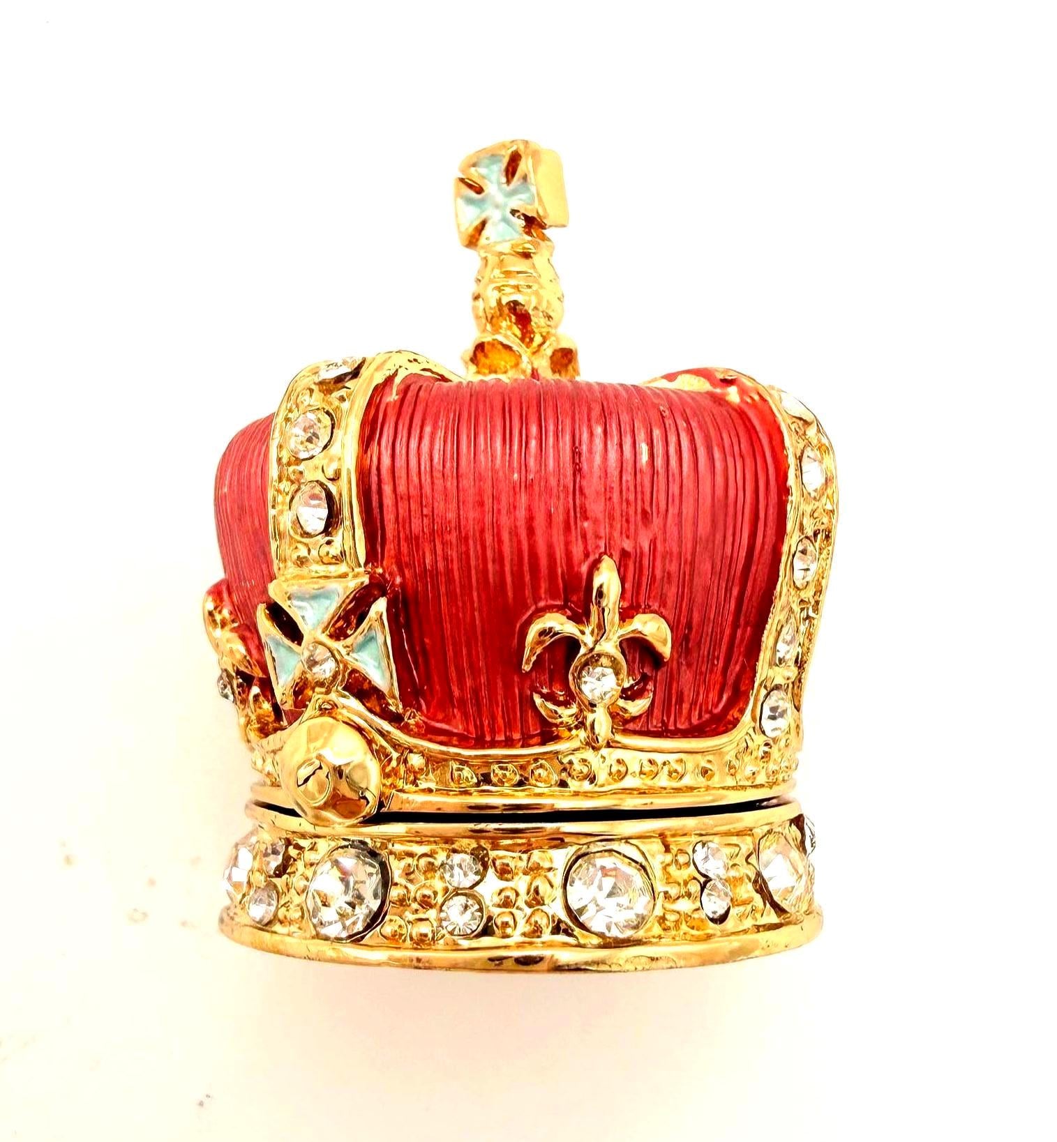 VINTAGE JEWELED CROWN TRINKET BOX – FABERGÉ STYLE ENAMEL MINI RING HOLDER, RED AND GOLD RHINESTONE JEWELRY BOX