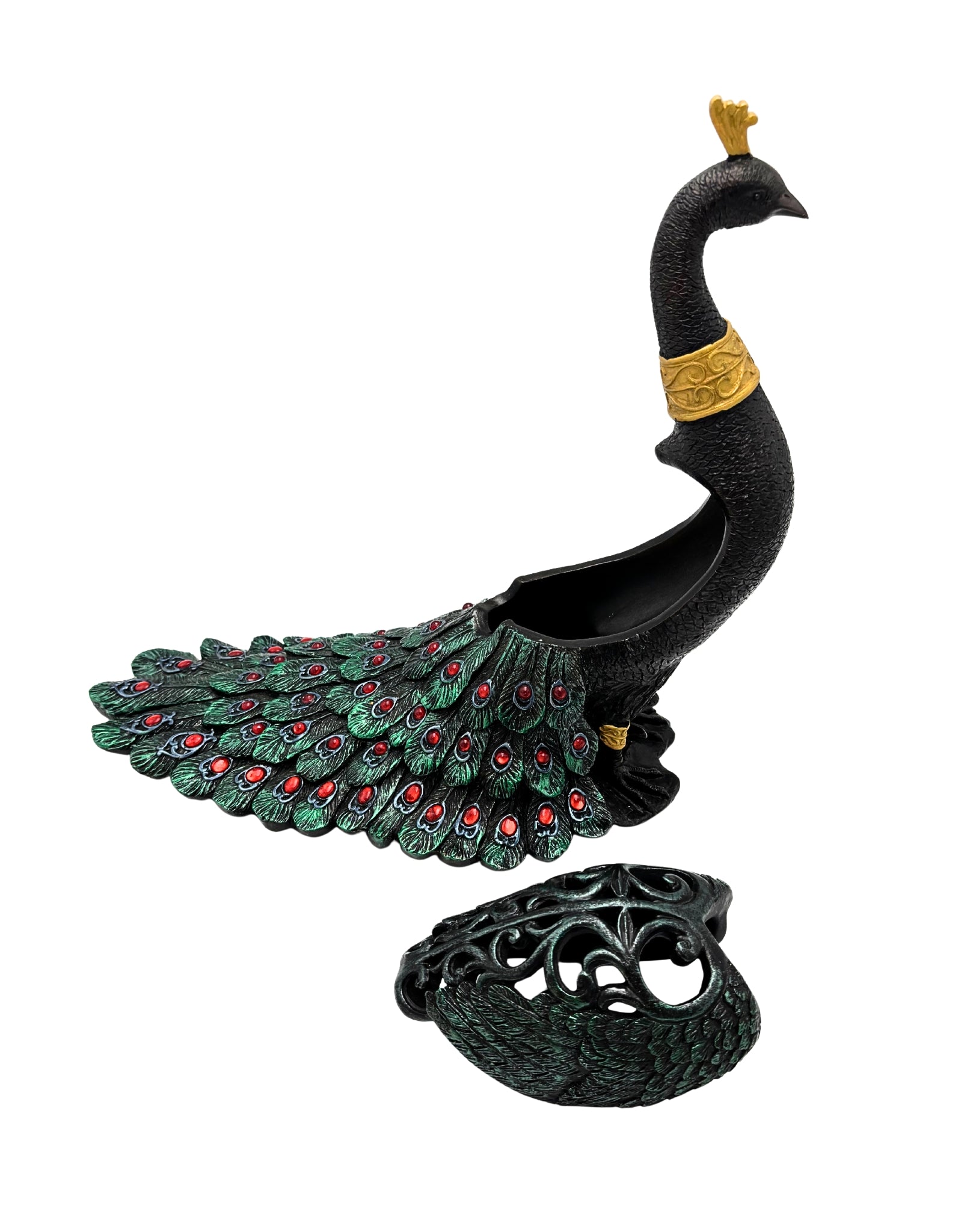LARGE JEWELED PEACOCK DECORATIVE STORAGE VESSEL