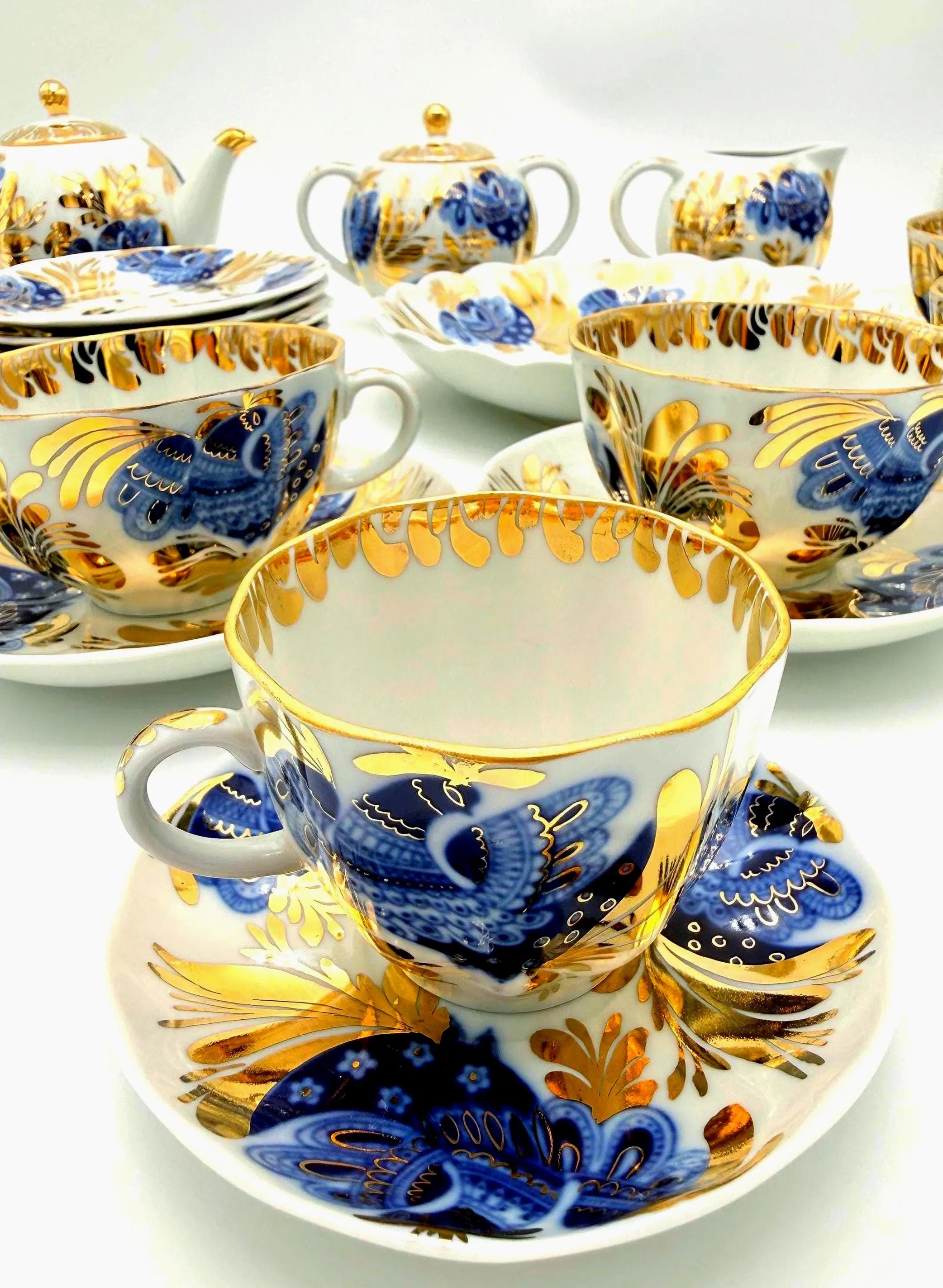 VINTAGE LOMONOSOV LFZ BLUE BIRD OF PARADISE COBALT AND GOLD PORCELAIN TEA SERVICE FOR SIX
