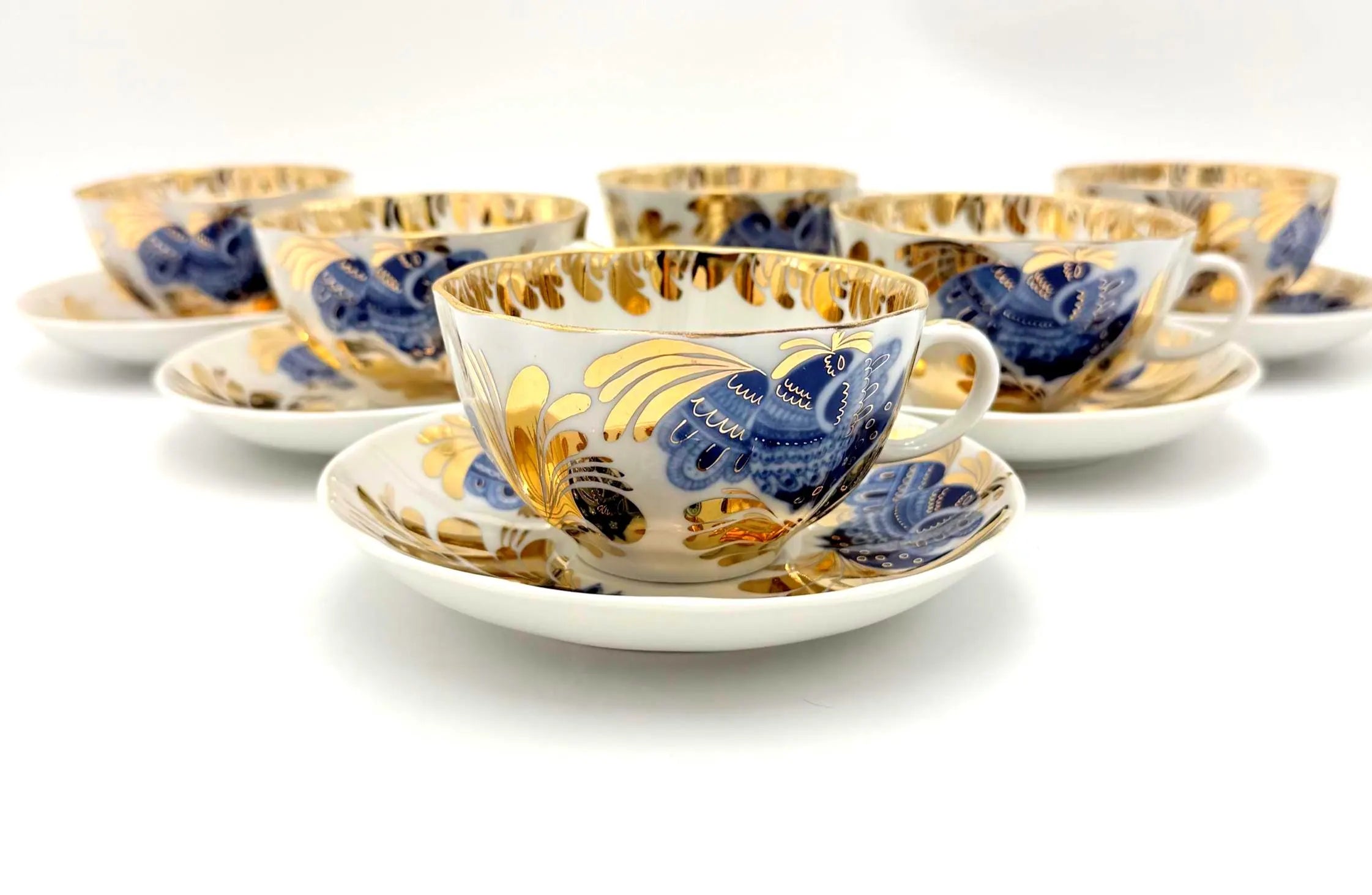 VINTAGE LOMONOSOV LFZ BLUE BIRD OF PARADISE COBALT AND GOLD PORCELAIN TEA SERVICE FOR SIX