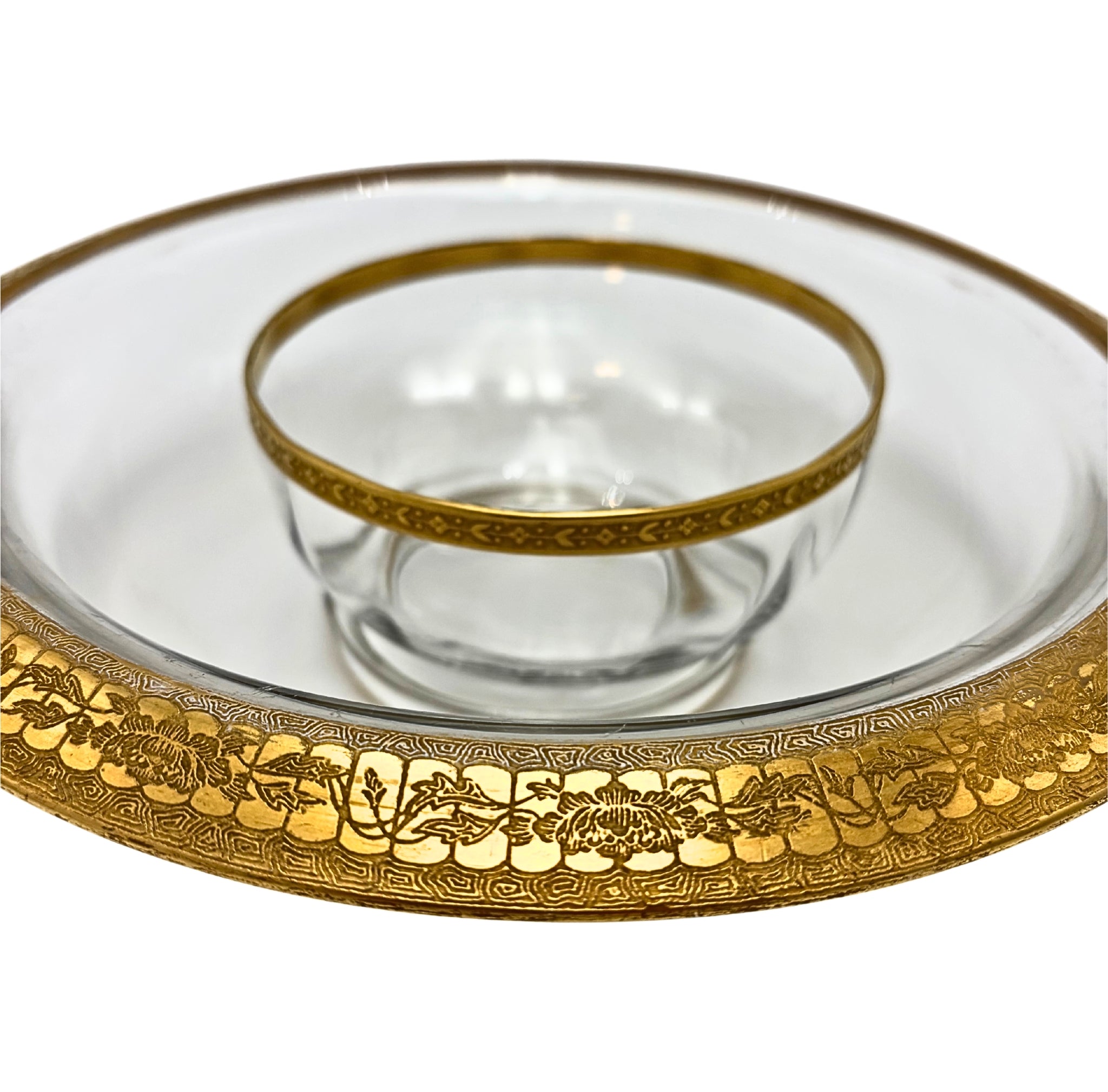 VINTAGE MID-CENTURY GOLD ENCRUSTED GLASS CHIP AND DIP BOWL SET