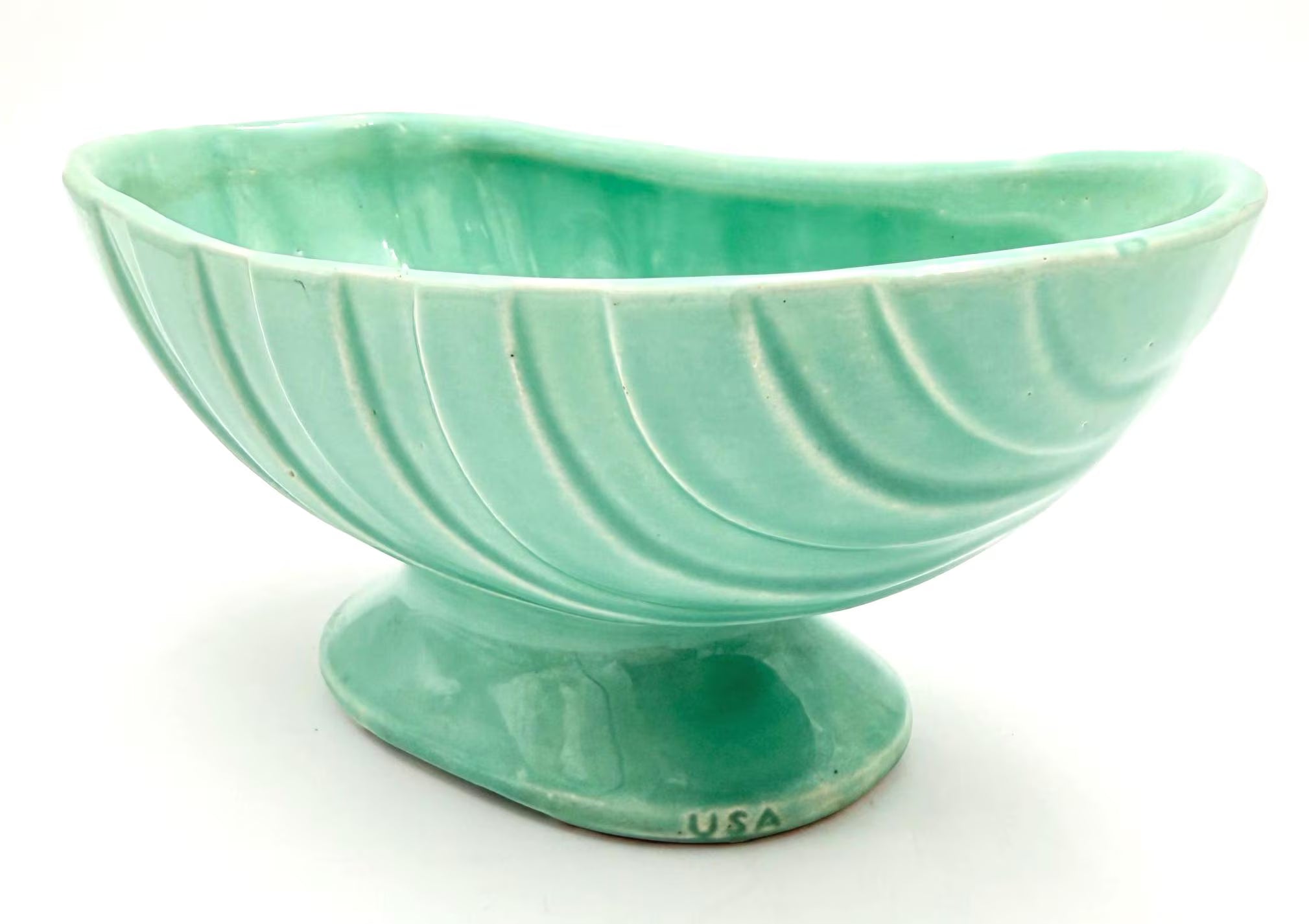 VINTAGE MID-CENTURY USA ART POTTERY HYACINTH BULB PLANTER | SEAFOAM AQUA CERAMIC PEDESTAL VASE | ROYAL HAEGER STYLE