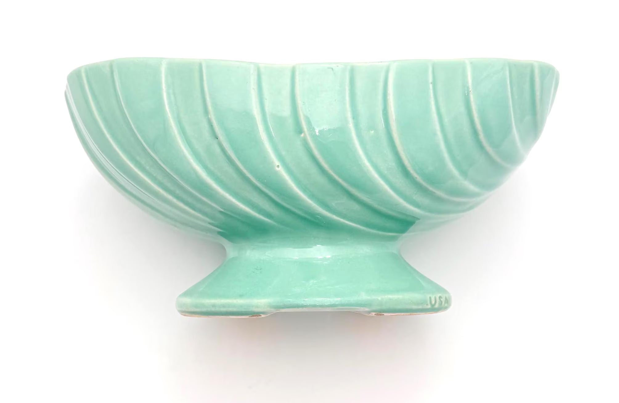 VINTAGE MID-CENTURY USA ART POTTERY HYACINTH BULB PLANTER | SEAFOAM AQUA CERAMIC PEDESTAL VASE | ROYAL HAEGER STYLE