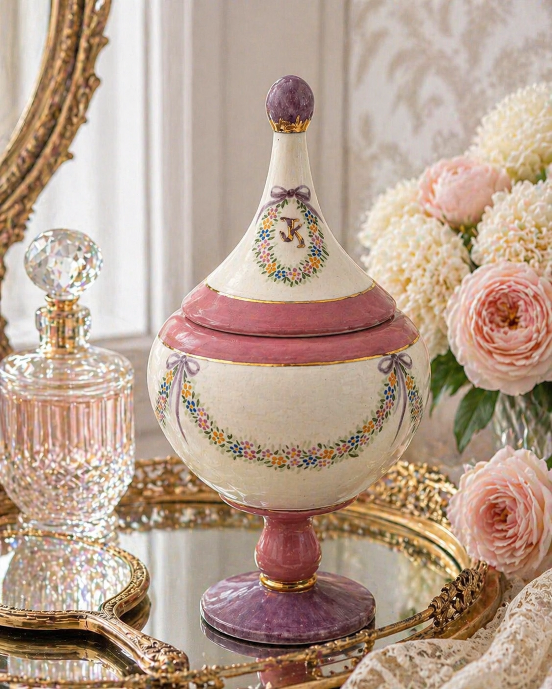 VINTAGE MONOGRAMMED PORCELAIN VANITY JAR | HAND PAINTED FLORAL WREATH GOLD INITIAL K PEDESTAL TRINKET BOX