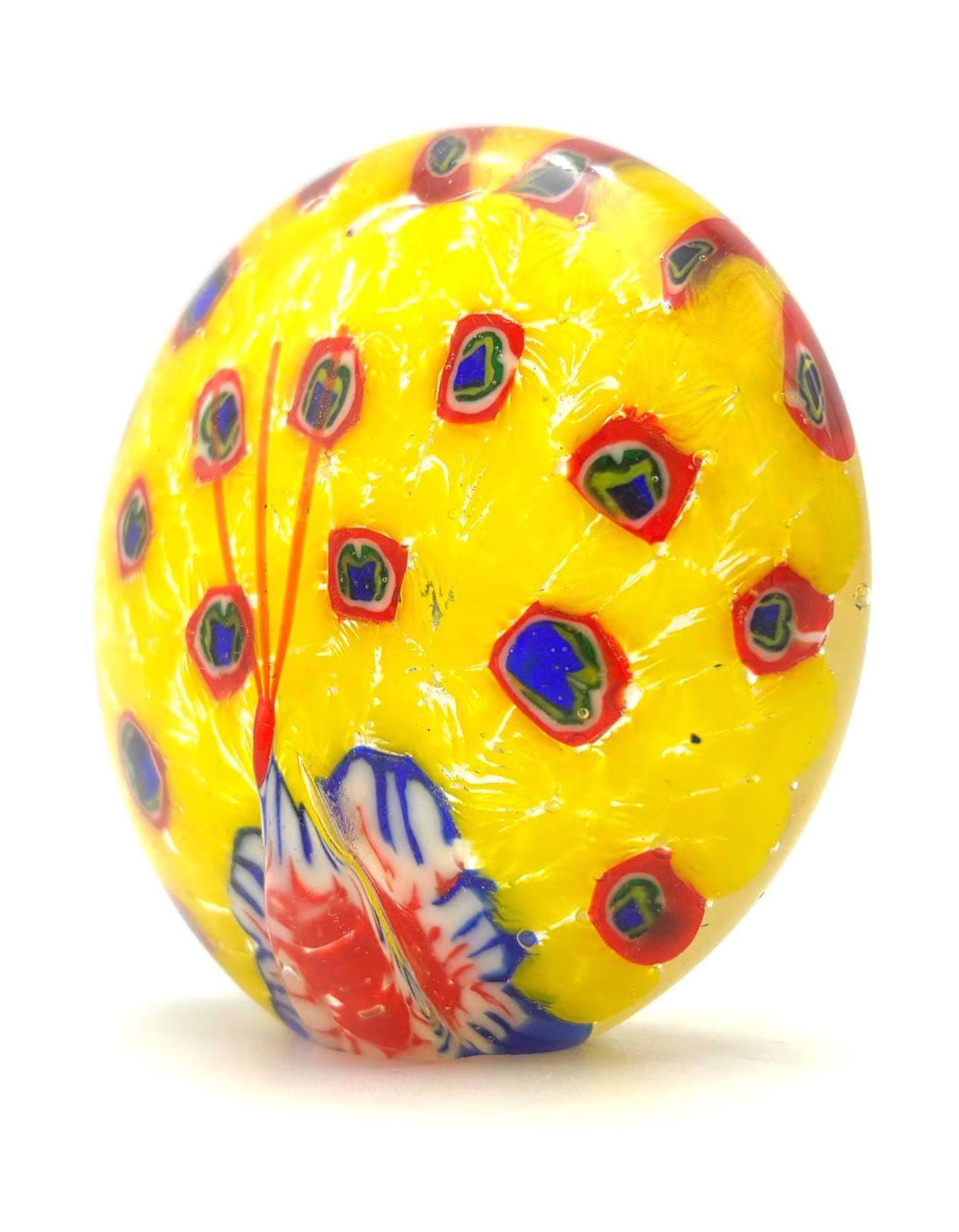 VINTAGE MURANO STYLE PEACOCK PAPERWEIGHT – YELLOW MILLEFIORI VENETIAN ART GLASS SCULPTURE