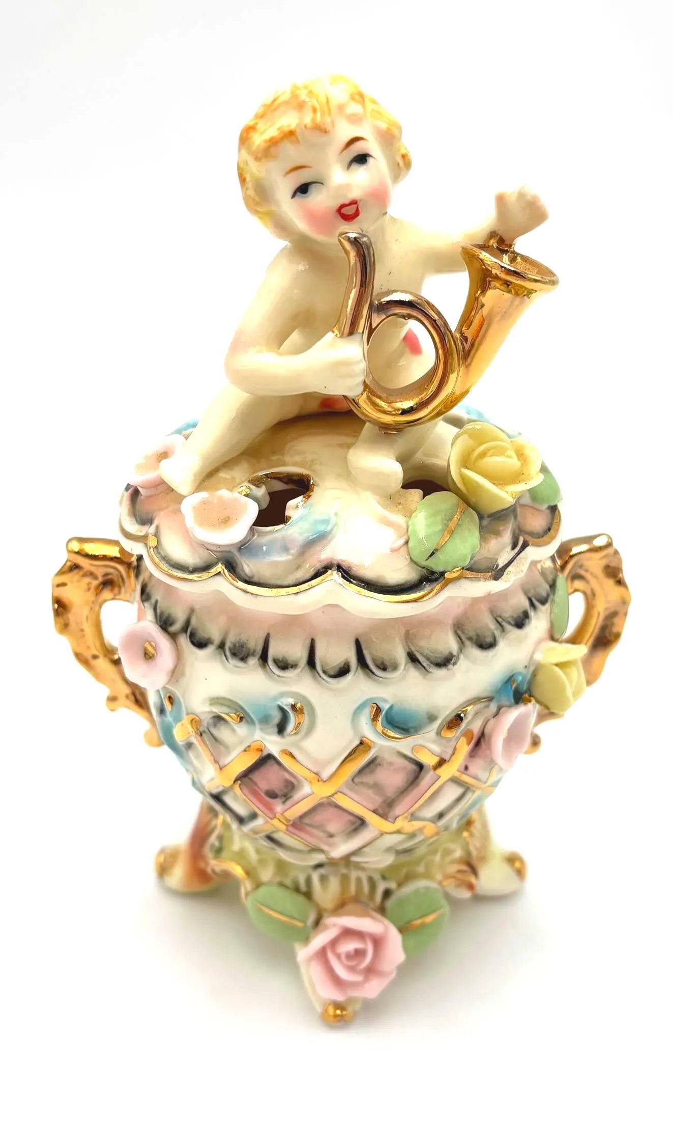 VINTAGE PORCELAIN CHERUB VANITY JAR | CAPODIMONTE STYLE COVERED TRINKET BOX HOLLYWOOD REGENCY DECOR