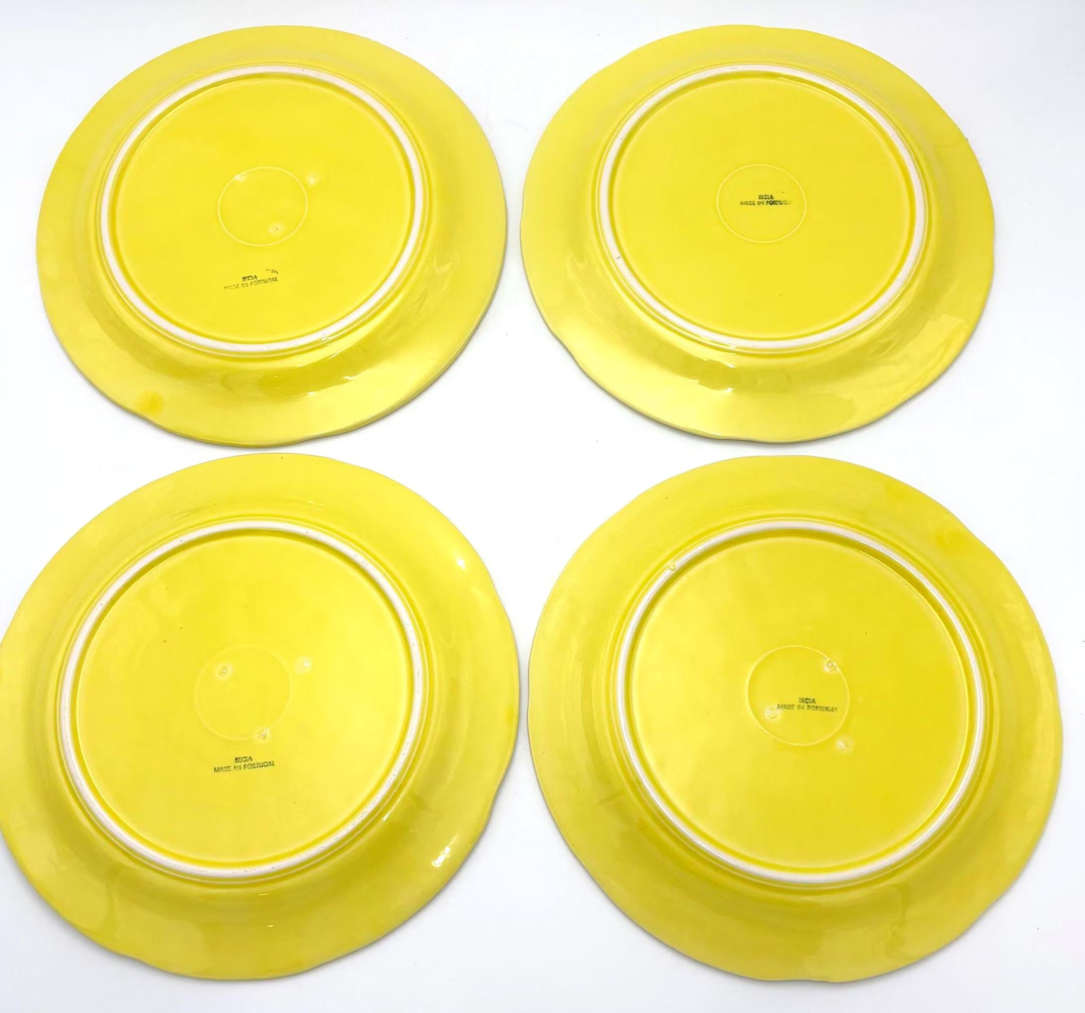VINTAGE SECLA YELLOW CABBAGE LEAF DINNER PLATES SET OF 4 | 11 INCH PORTUGUESE MAJOLICA STYLE TABLEWARE