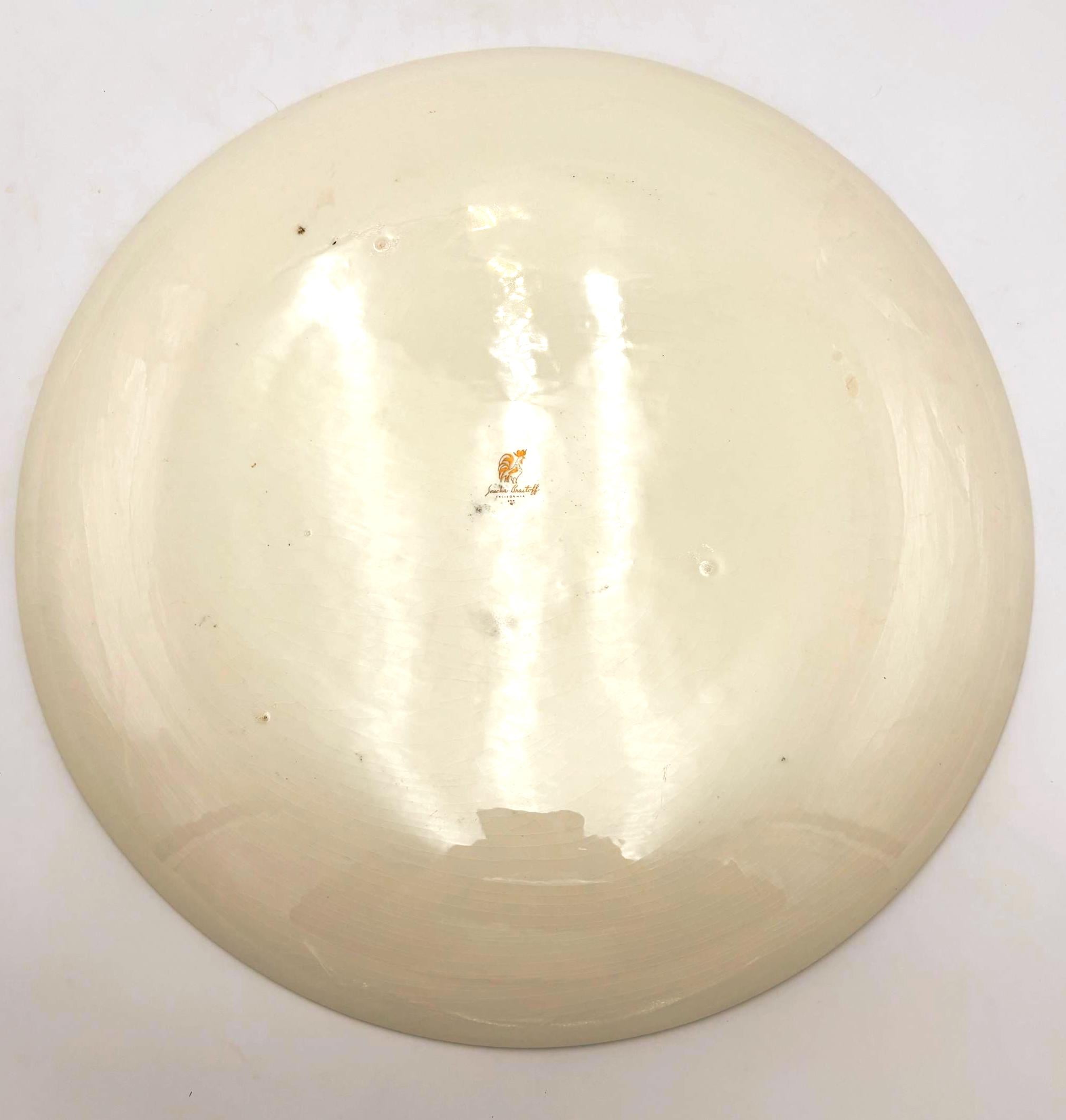 VINTAGE SASCHA BRASTOFF CALIFORNIA MID CENTURY MODERN CHARGER PLATE – BLACK GOLD ATOMIC HOLLYWOOD REGENCY CERAMIC WALL ART