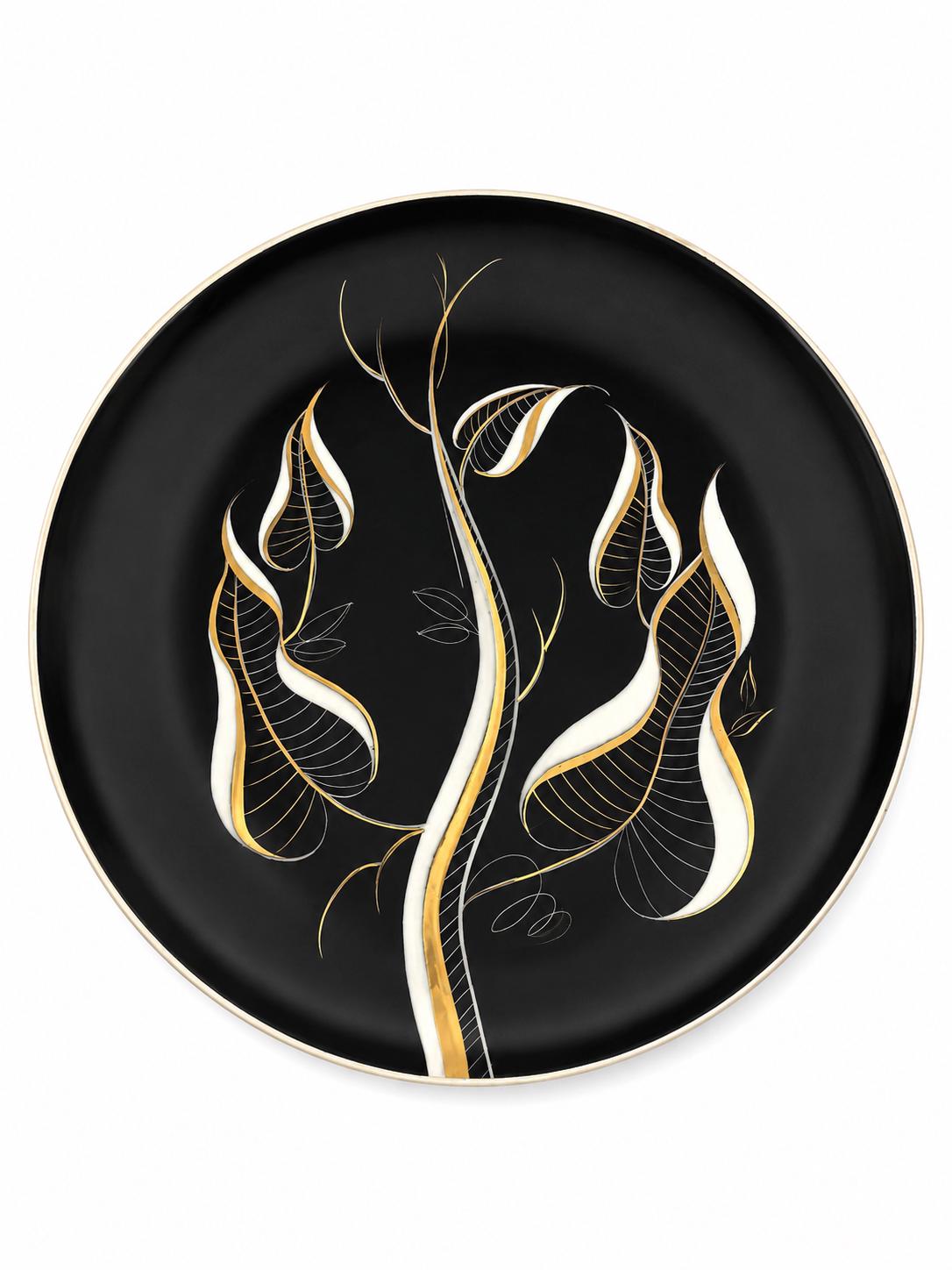 VINTAGE SASCHA BRASTOFF CALIFORNIA MID CENTURY MODERN CHARGER PLATE – BLACK GOLD ATOMIC HOLLYWOOD REGENCY CERAMIC WALL ART