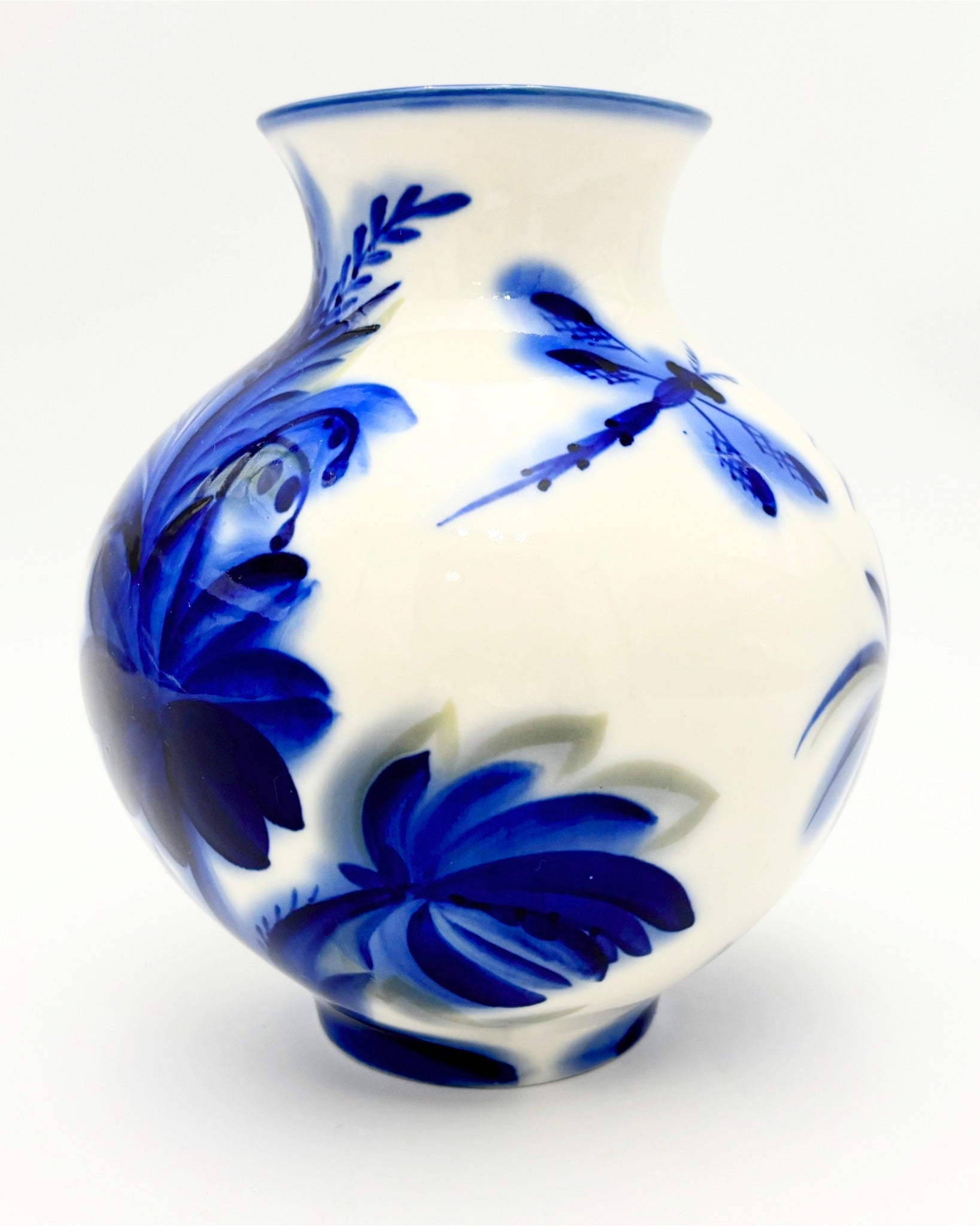 VINTAGE LOMONOSOV LFZ HAND-PAINTED COBALT PORCELAIN VASE WITH DRAGONFLY MOTIF MADE IN USSR