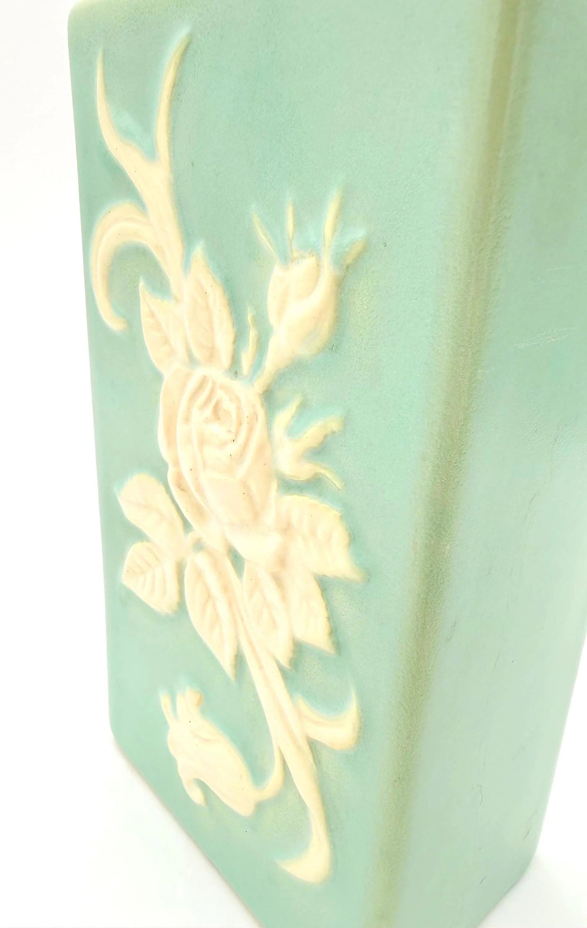 VINTAGE WELLER POTTERY MATTE AQUA ROSE RELIEF ART POTTERY VASE