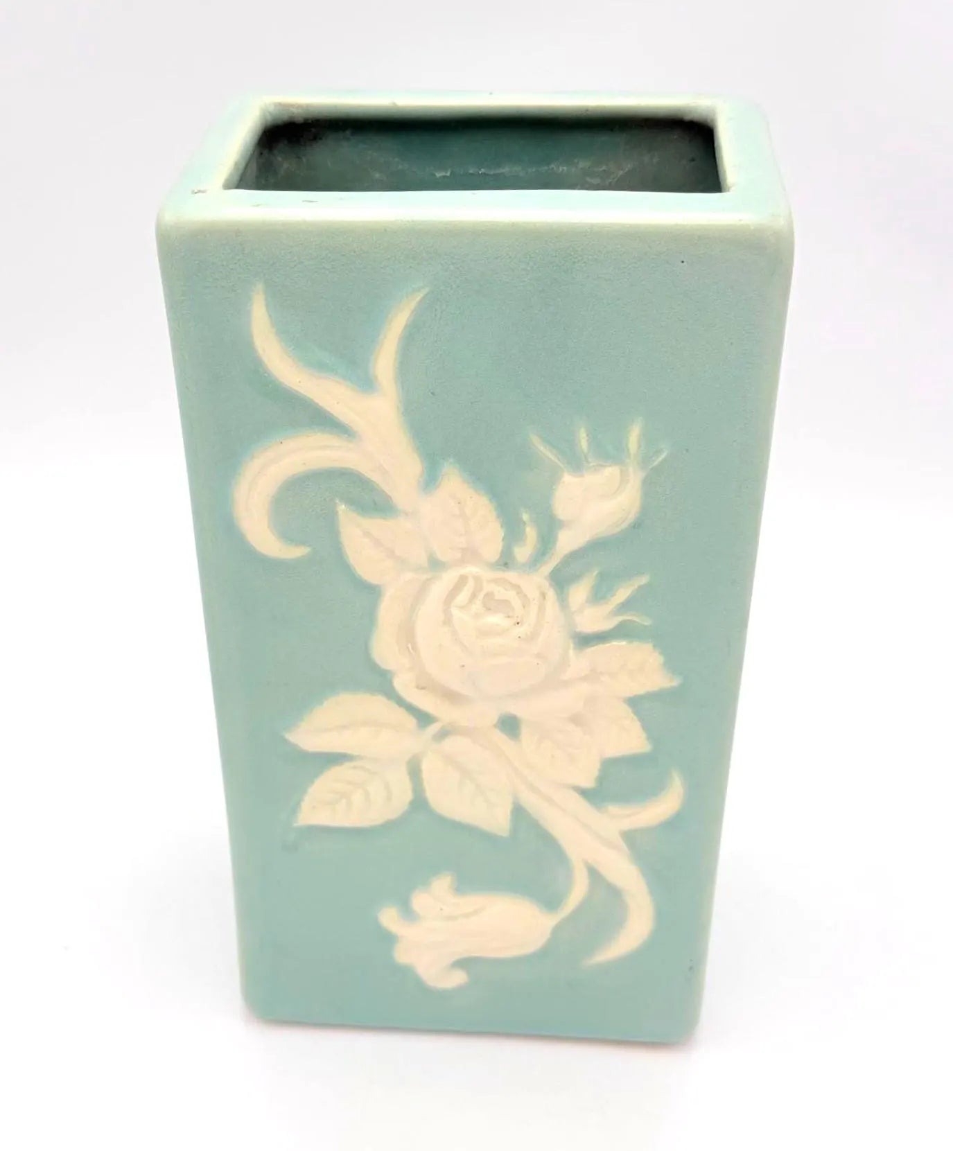 VINTAGE WELLER POTTERY MATTE AQUA ROSE RELIEF ART POTTERY VASE