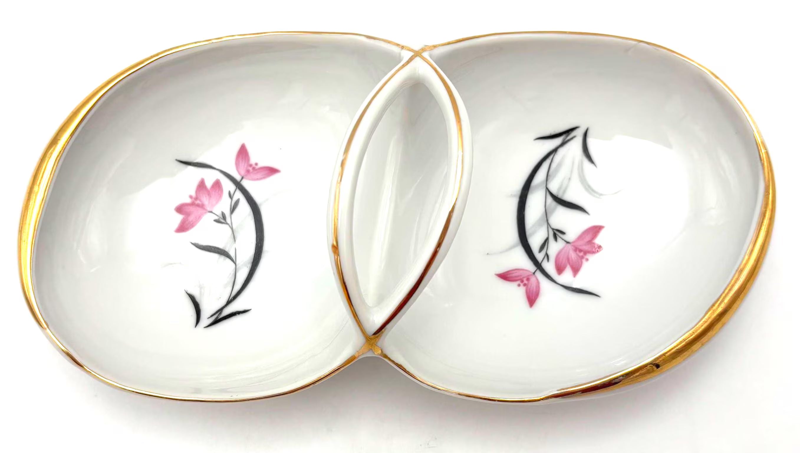 VINTAGE ATOMIC ERA PORCELAIN DOUBLE DISH – GOLD RIM PINK FLORAL MID CENTURY TIDBIT SERVER