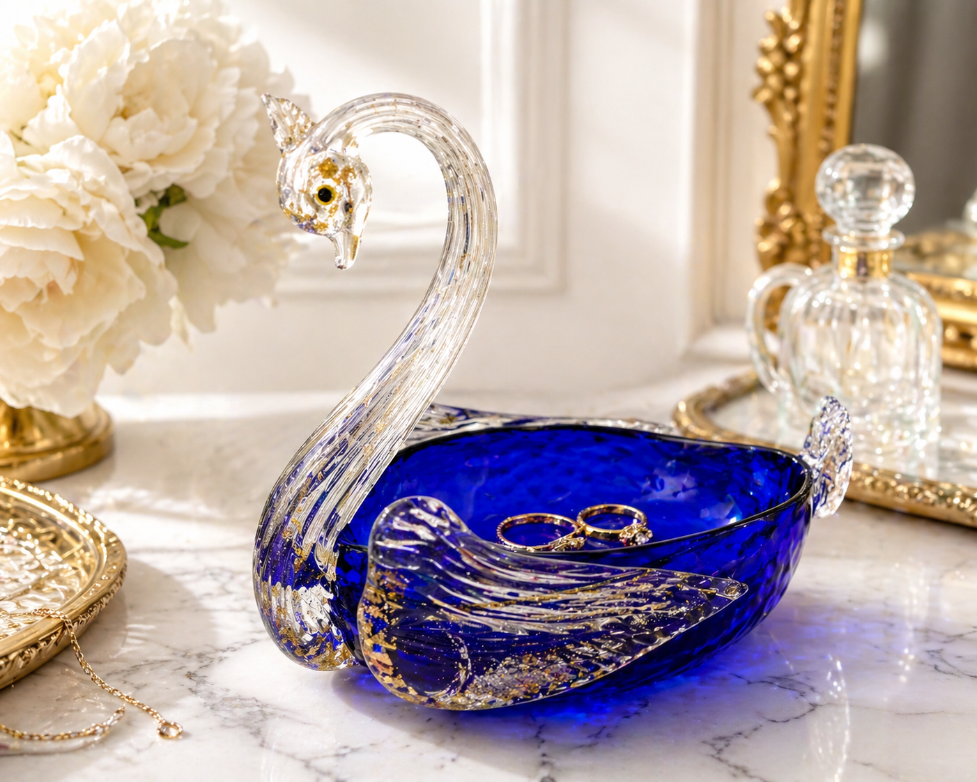 VINTAGE COBALT BLUE ART GLASS SWAN BOWL | GOLD AVENTURINE MURANO STYLE SCULPTURAL BIRD DISH